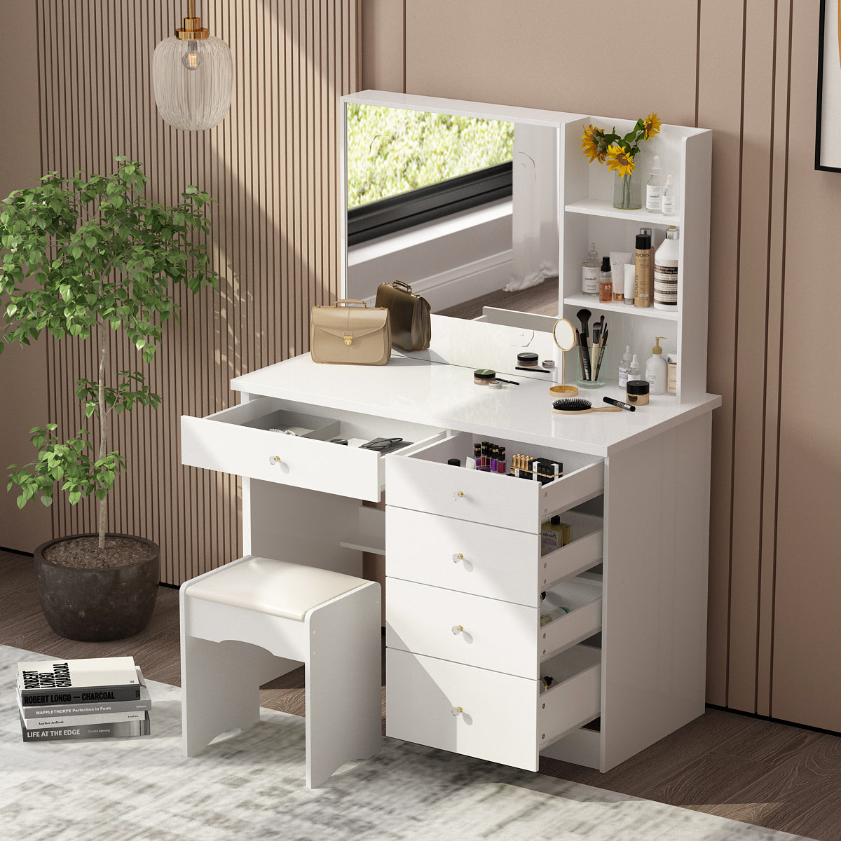Large Vanity Set Makeup Vanity Dressing Table with Sliding Lighted Mirror, 5 Drawers & Shelves, Dresser Desk and Cushioned Stool Set