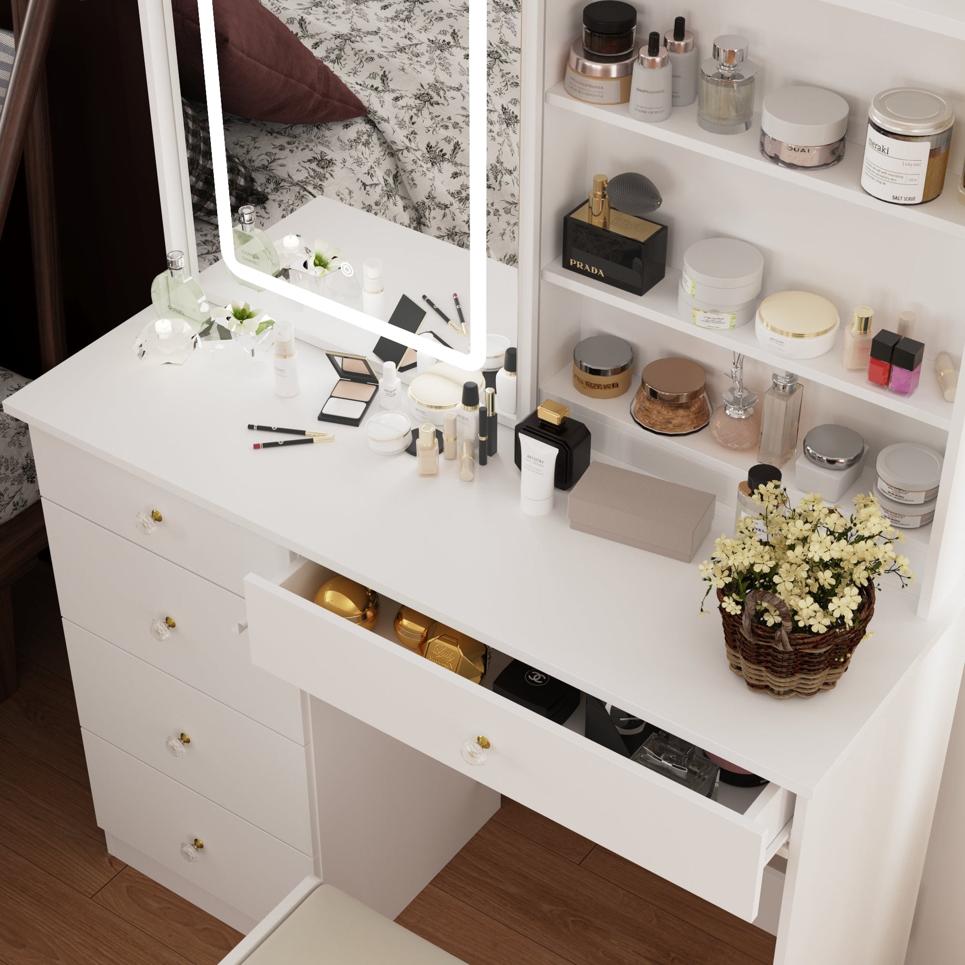White Vanity Set With 3 Color Touch Screen Dimming Mirror