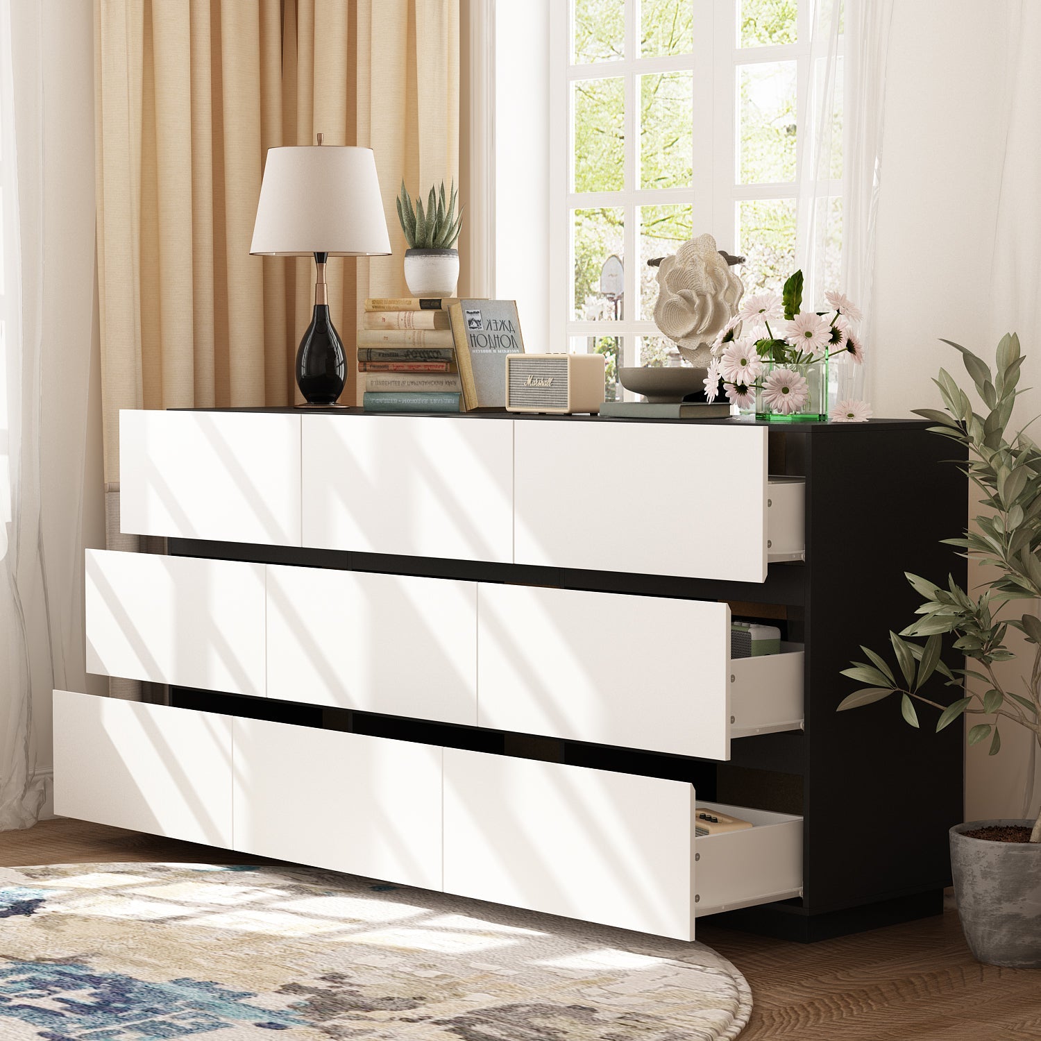 Modern 9-Drawer Double Dresser with Wide Drawers and Metal Handles for Bedroom or Living Room