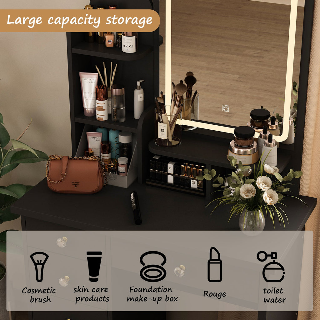 Vanity Set With Stool, Mirror, LED Light and 3-Tier Storage Shelves & 5-Drawer