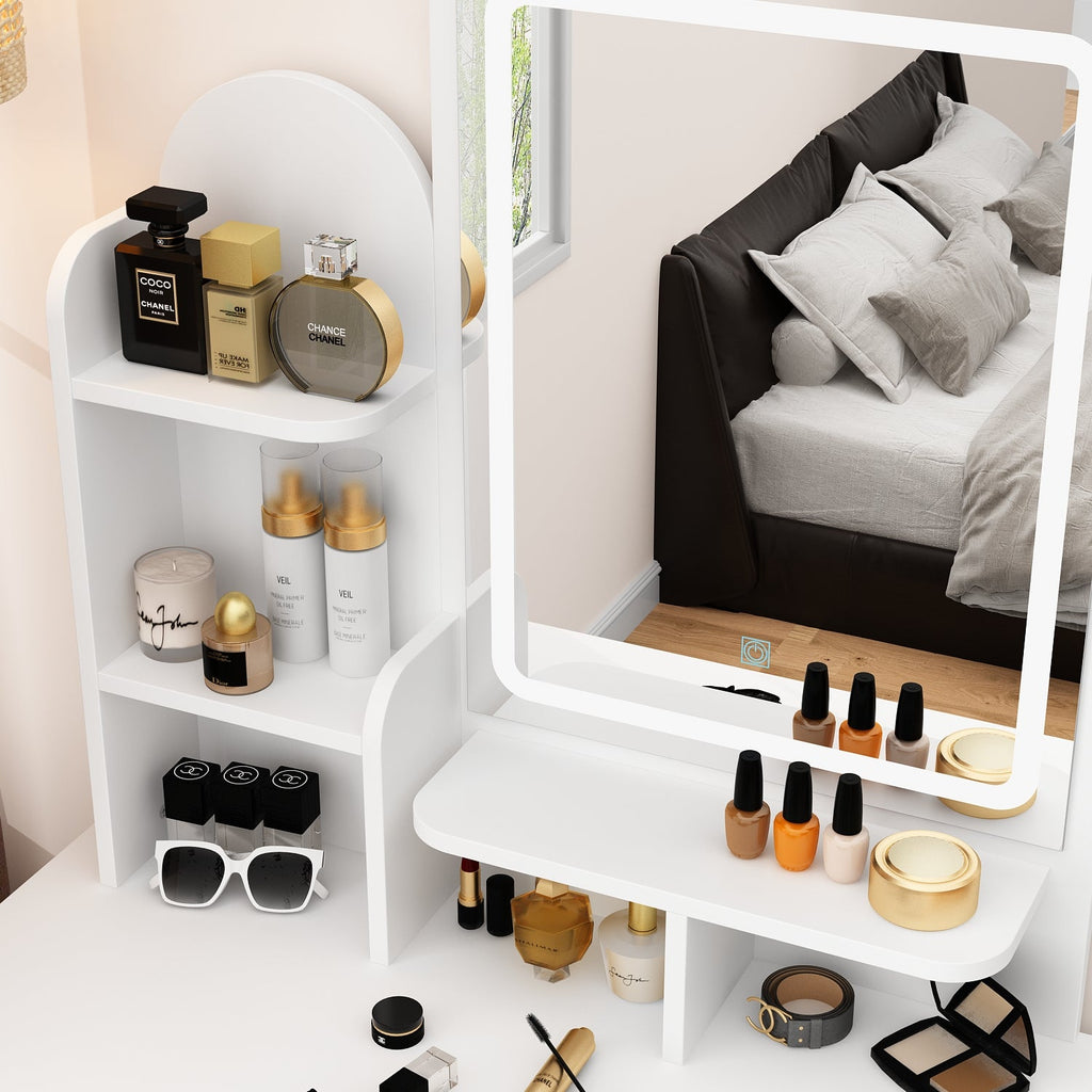 Vanity Set With Stool, Mirror, LED Light and 3-Tier Storage Shelves & 5-Drawer