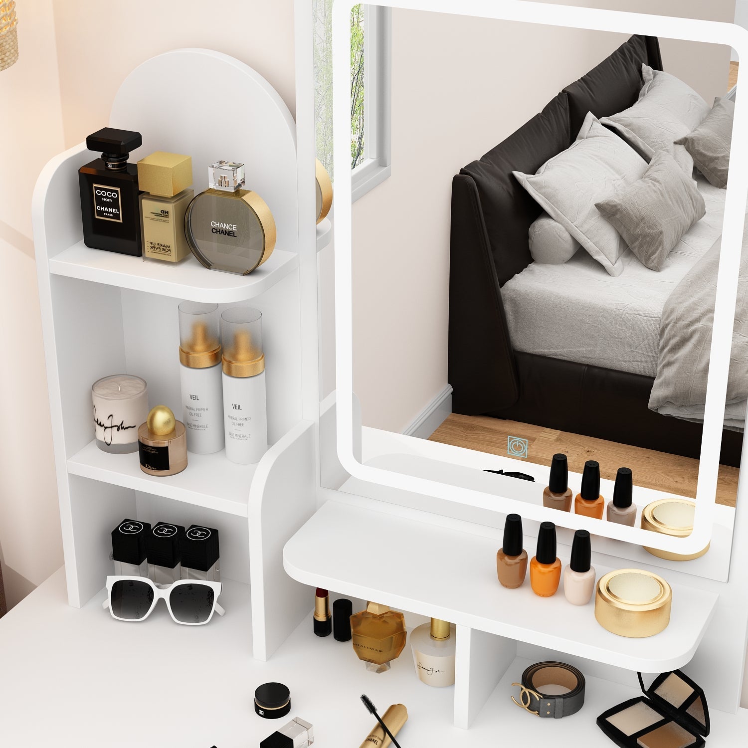Vanity Set With Stool, Mirror, LED Light and 3-Tier Storage Shelves & 5-Drawer
