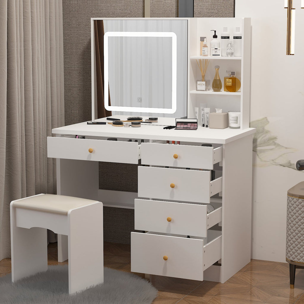 Large Vanity Set Makeup Vanity Dressing Table with Sliding Lighted Mirror 5 Drawers & Shelves
