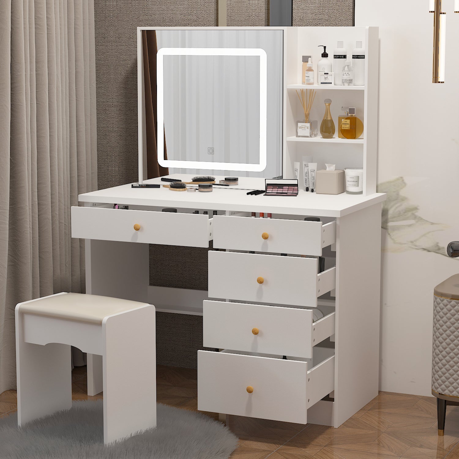 Large Vanity Set Makeup Vanity Dressing Table with Sliding Lighted Mirror 5 Drawers & Shelves