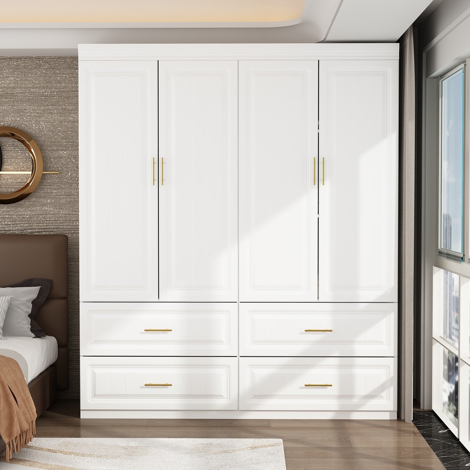 Family Cabinet Wardrobe Bedroom Armoire Home Closet 4 Doors and Drawers