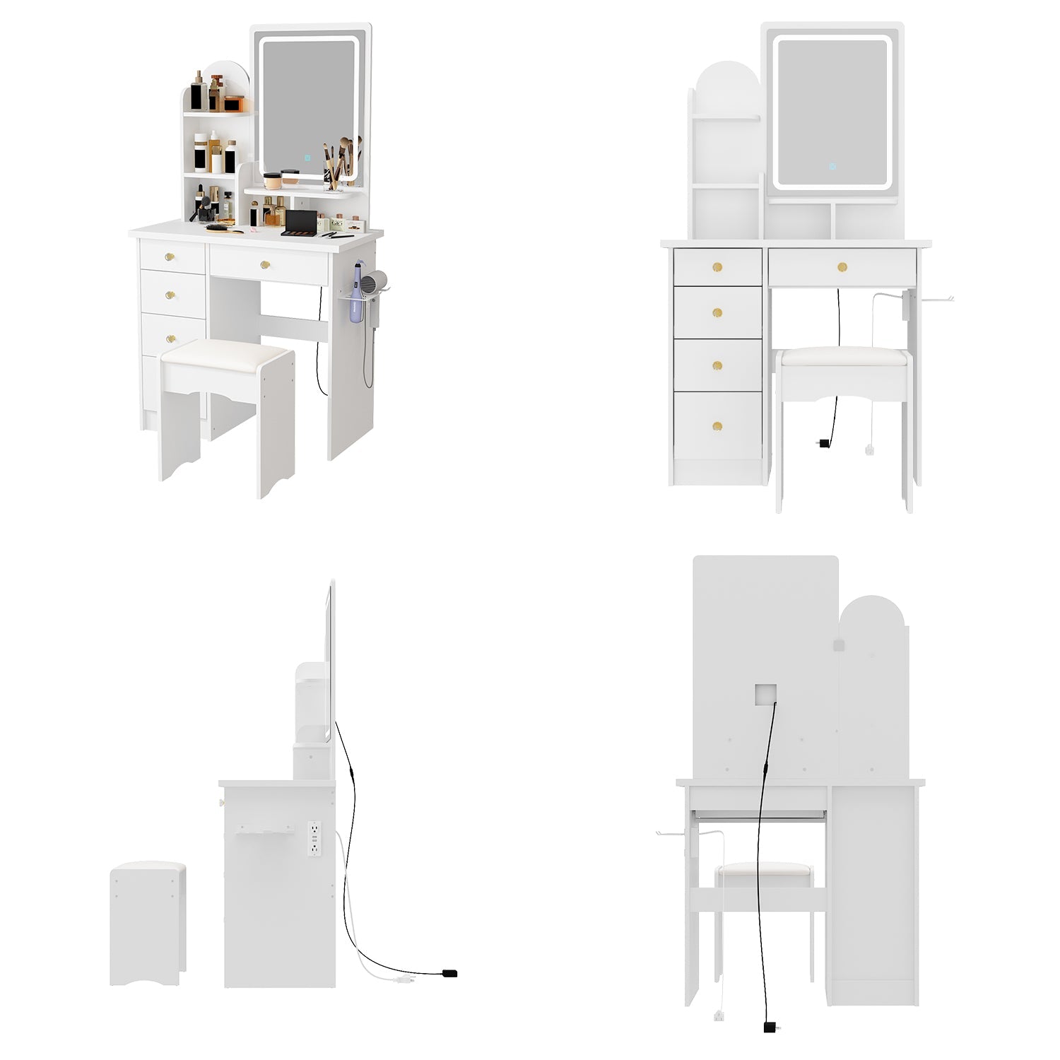 Vanity Set With Stool, Mirror, LED Light and 3-Tier Storage Shelves & 5-Drawer