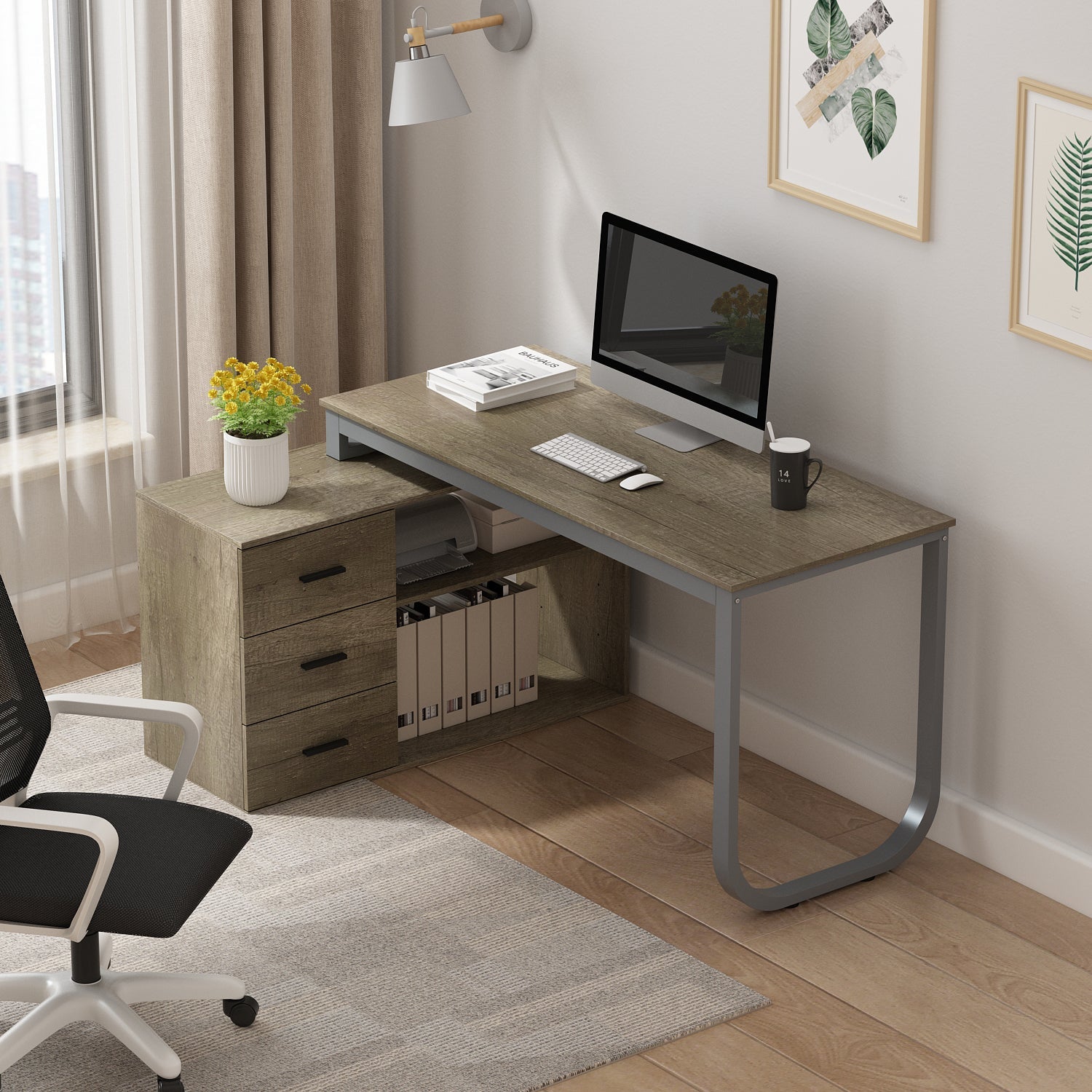 Home Office Computer Desk Corner Desk with 3 Drawers and 2 Shelves, 55 Inch Large L-Shaped Study Writing Table with Storage Cabinet