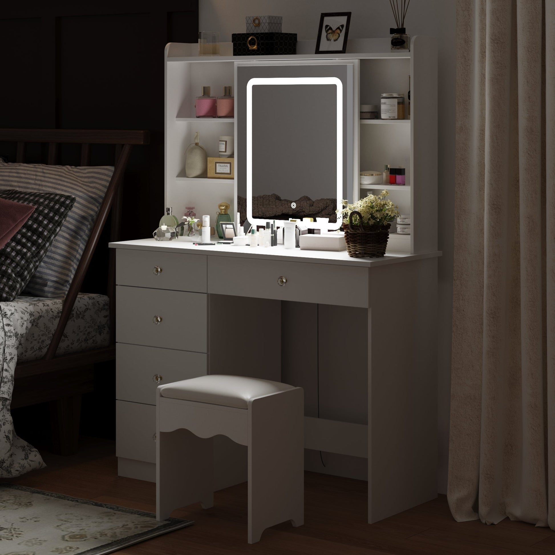 White Vanity Set With 3 Color Touch Screen Dimming Mirror