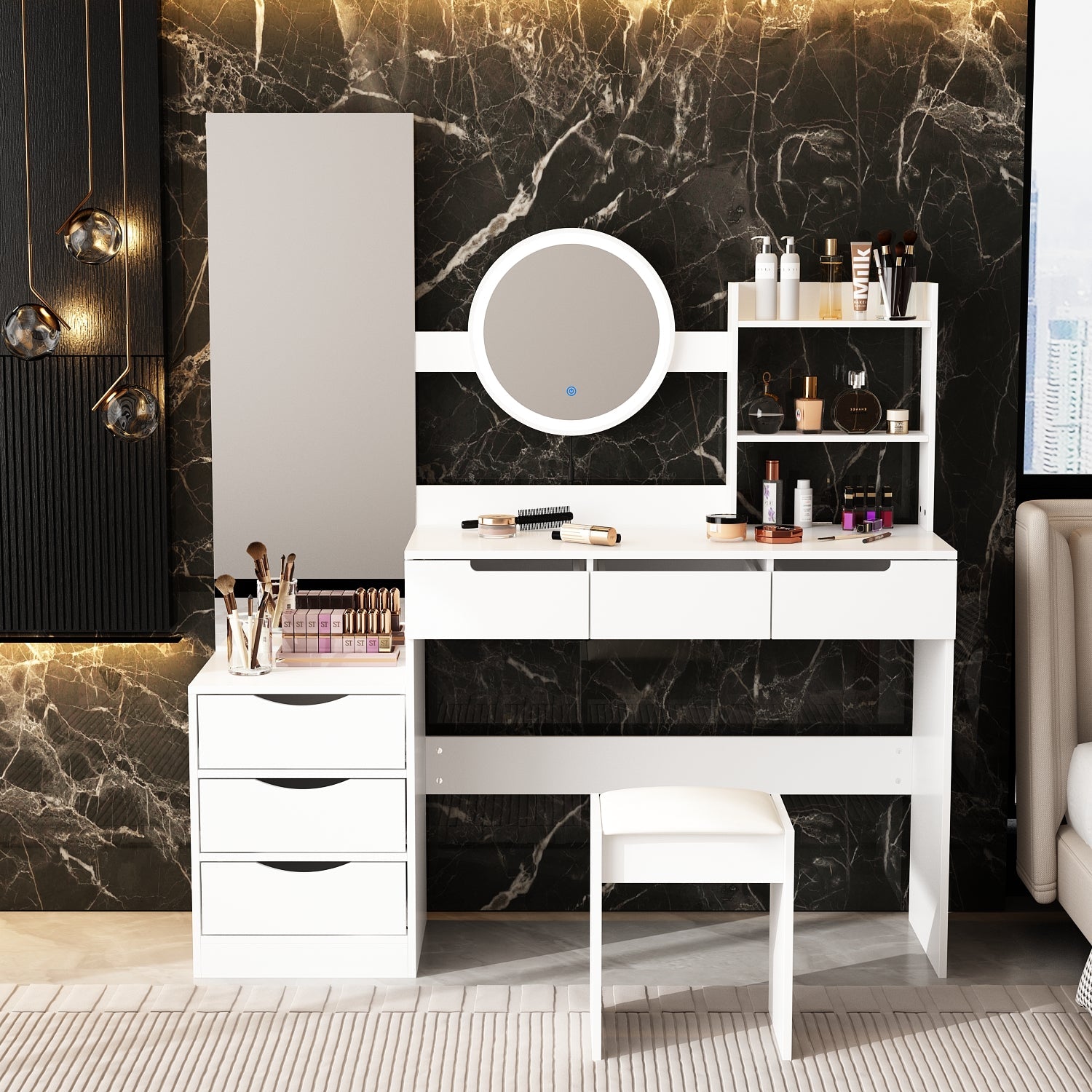 Large Vanity Set Dressing Table Makeup Vanity with Round LED Mirror, Square Mirror, 6 Drawers & Shelves, Dresser Desk, Padded Stool Set