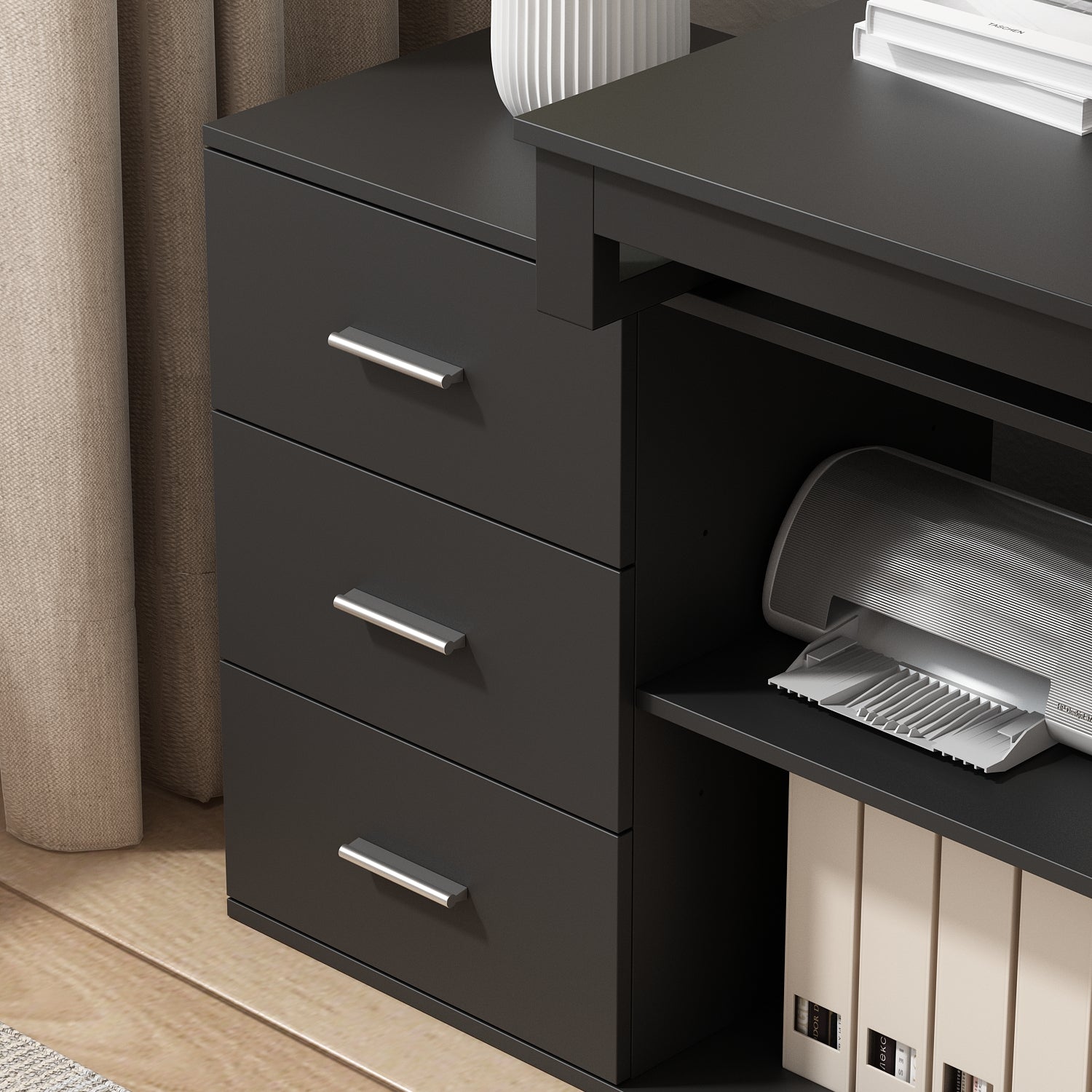 Home Office Computer Desk Corner Desk with 3 Drawers and 2 Shelves, 55 Inch Large L-Shaped Study Writing Table with Storage Cabinet