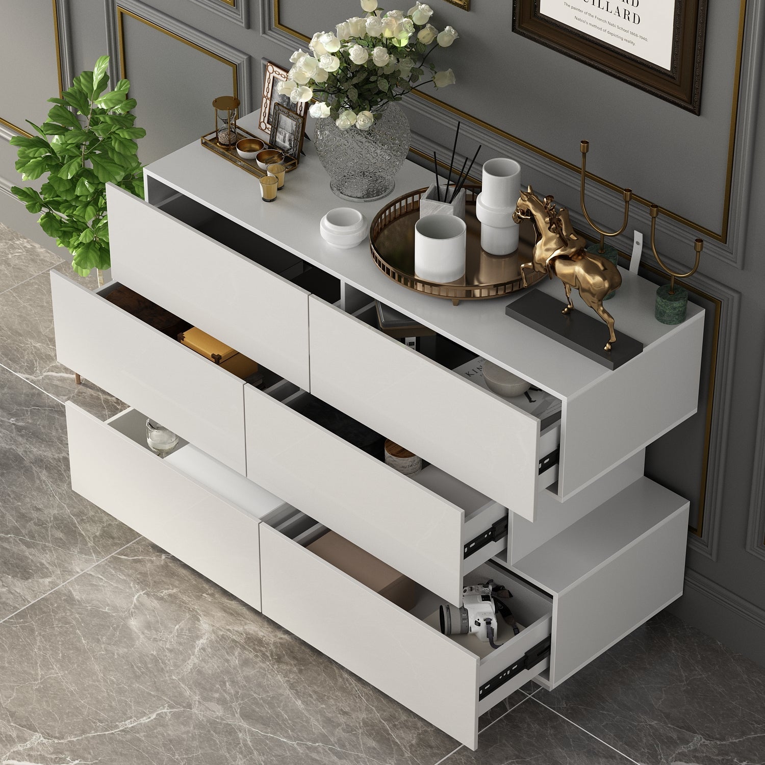High Gloss Double Dress Chest 6-Drawer Sideboard for Living Room