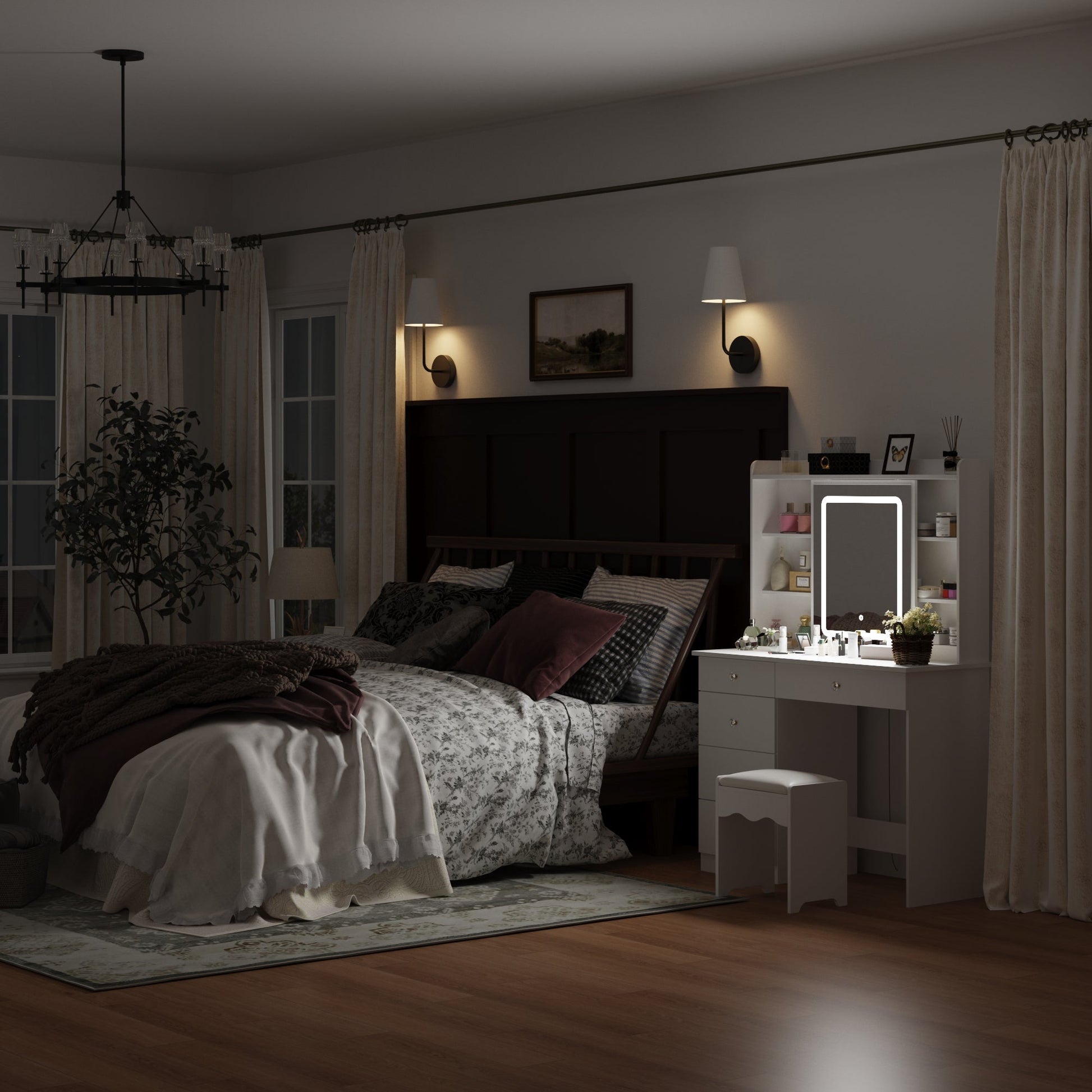 White Vanity Set With 3 Color Touch Screen Dimming Mirror