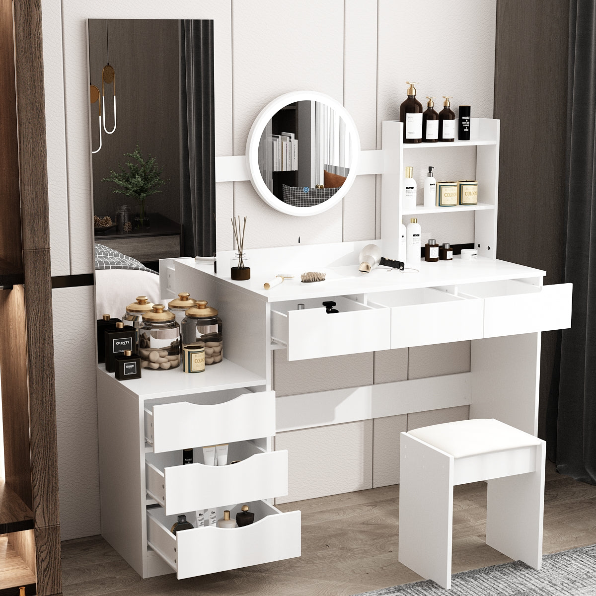 Large Vanity Set Dressing Table Makeup Vanity with Round LED Mirror, Square Mirror, 6 Drawers & Shelves, Dresser Desk, Padded Stool Set