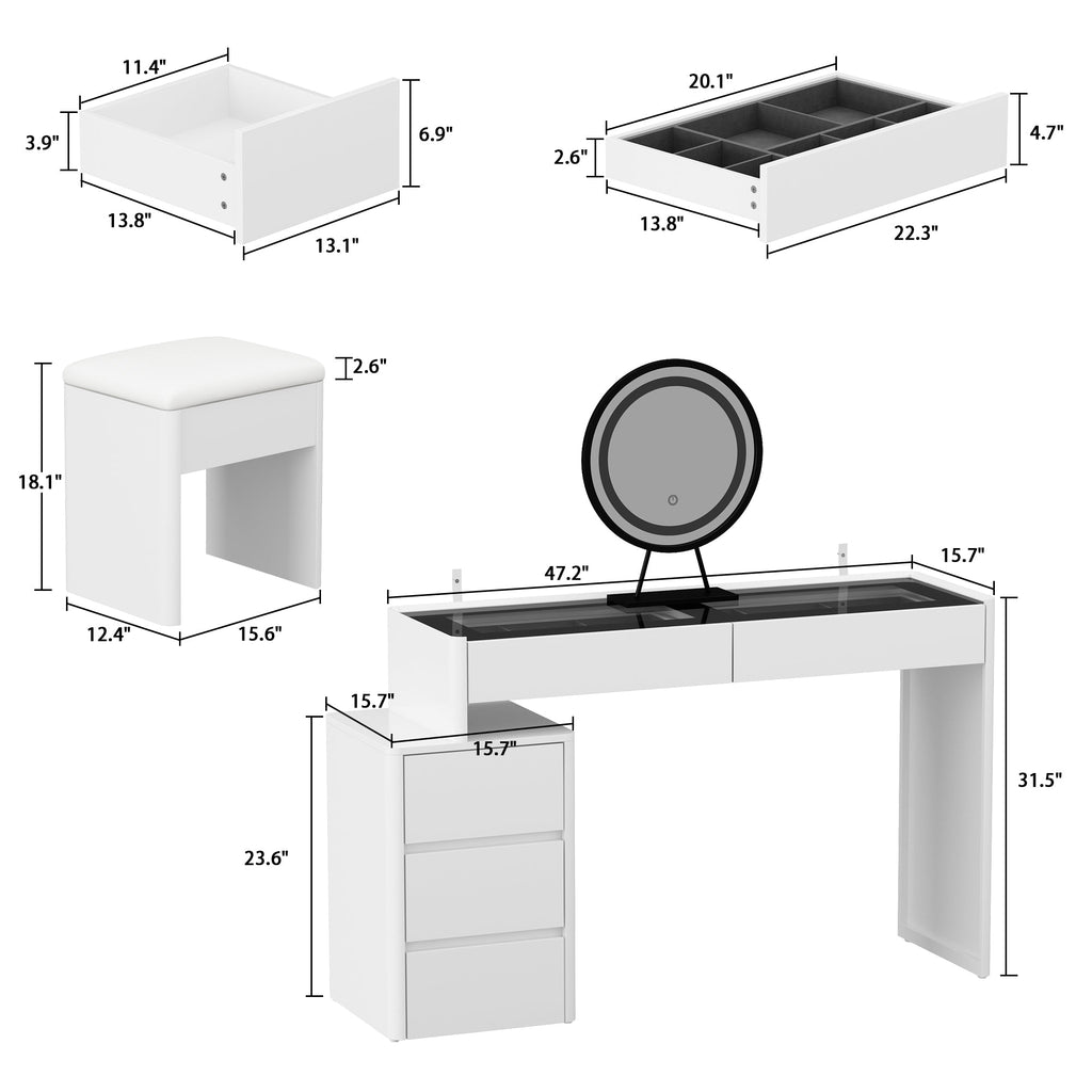Elegant Makeup Vanity w/See-Through Glass Top and LED Mirror Dressing