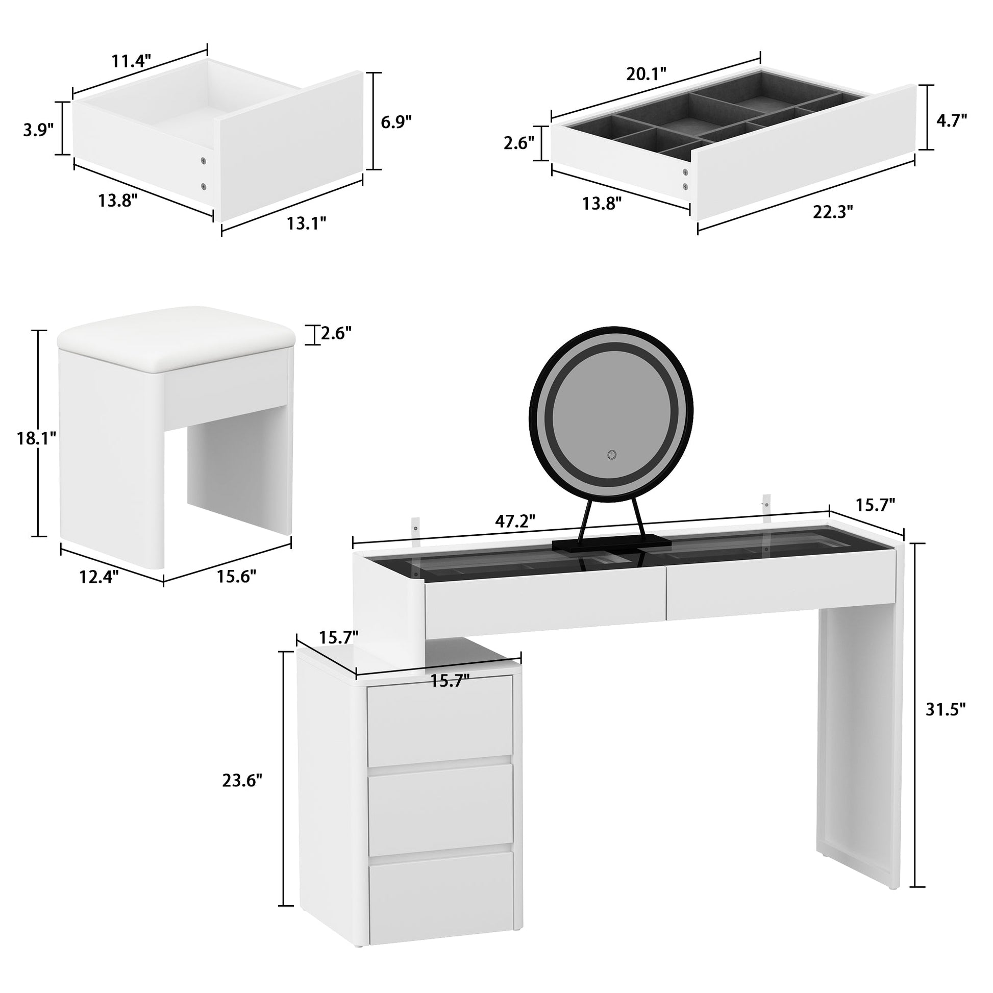 Elegant Makeup Vanity w/See-Through Glass Top and LED Mirror Dressing