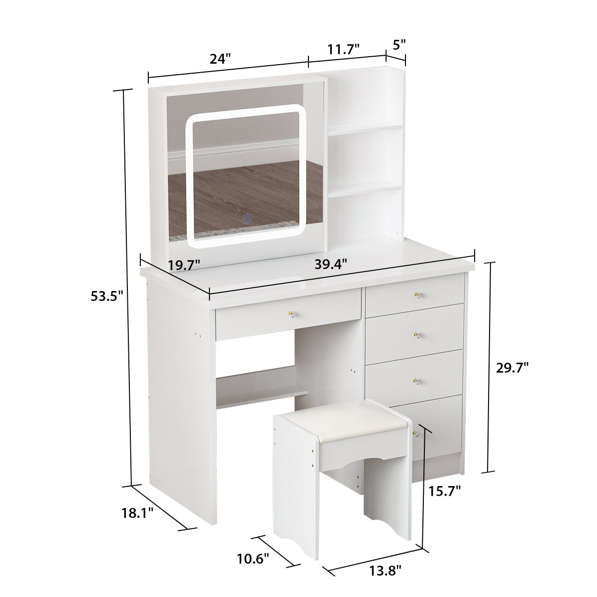 Large Vanity Set Makeup Vanity Dressing Table with Sliding Lighted Mirror, 5 Drawers & Shelves, Dresser Desk and Cushioned Stool Set