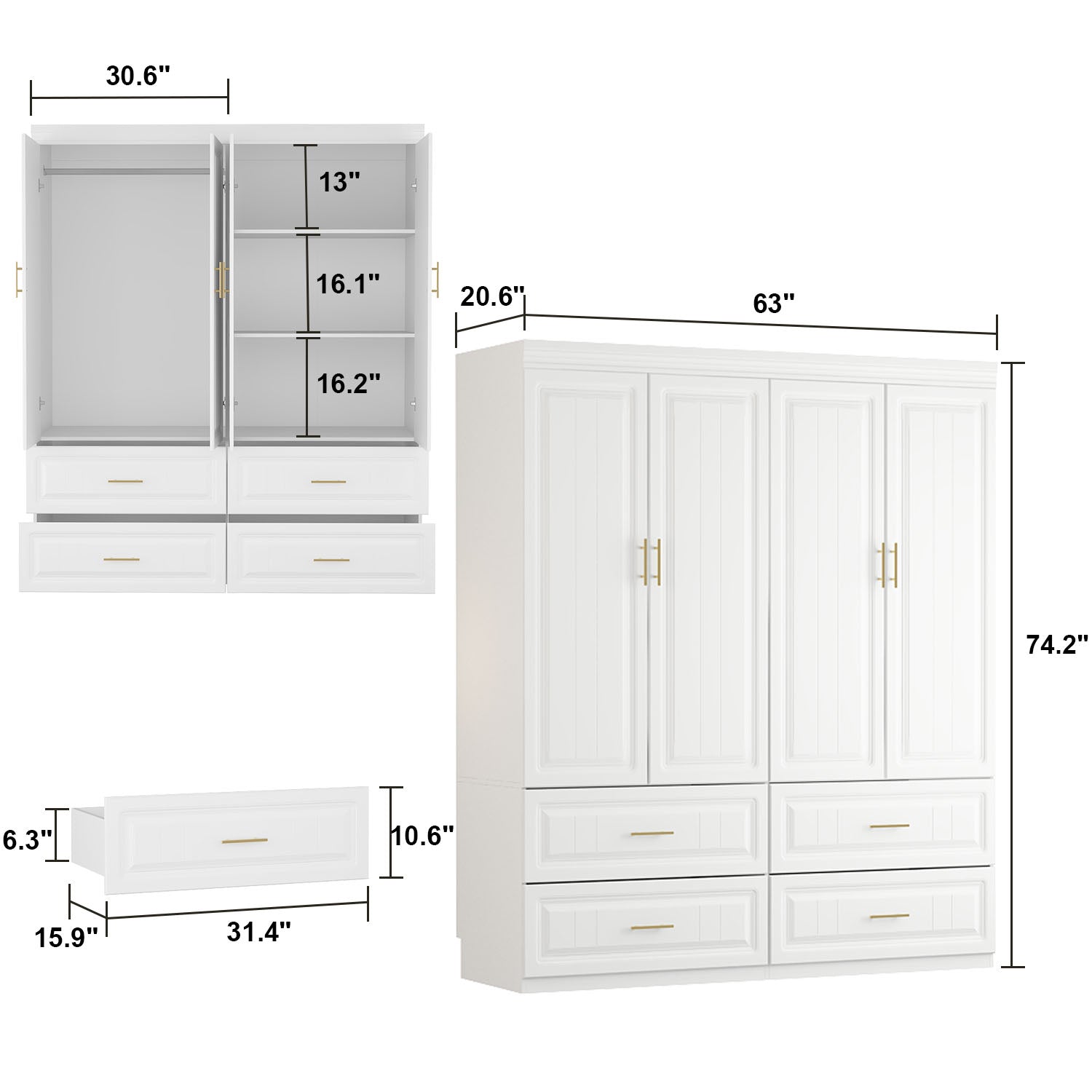 Family Cabinet Wardrobe Bedroom Armoire Home Closet 4 Doors and Drawers
