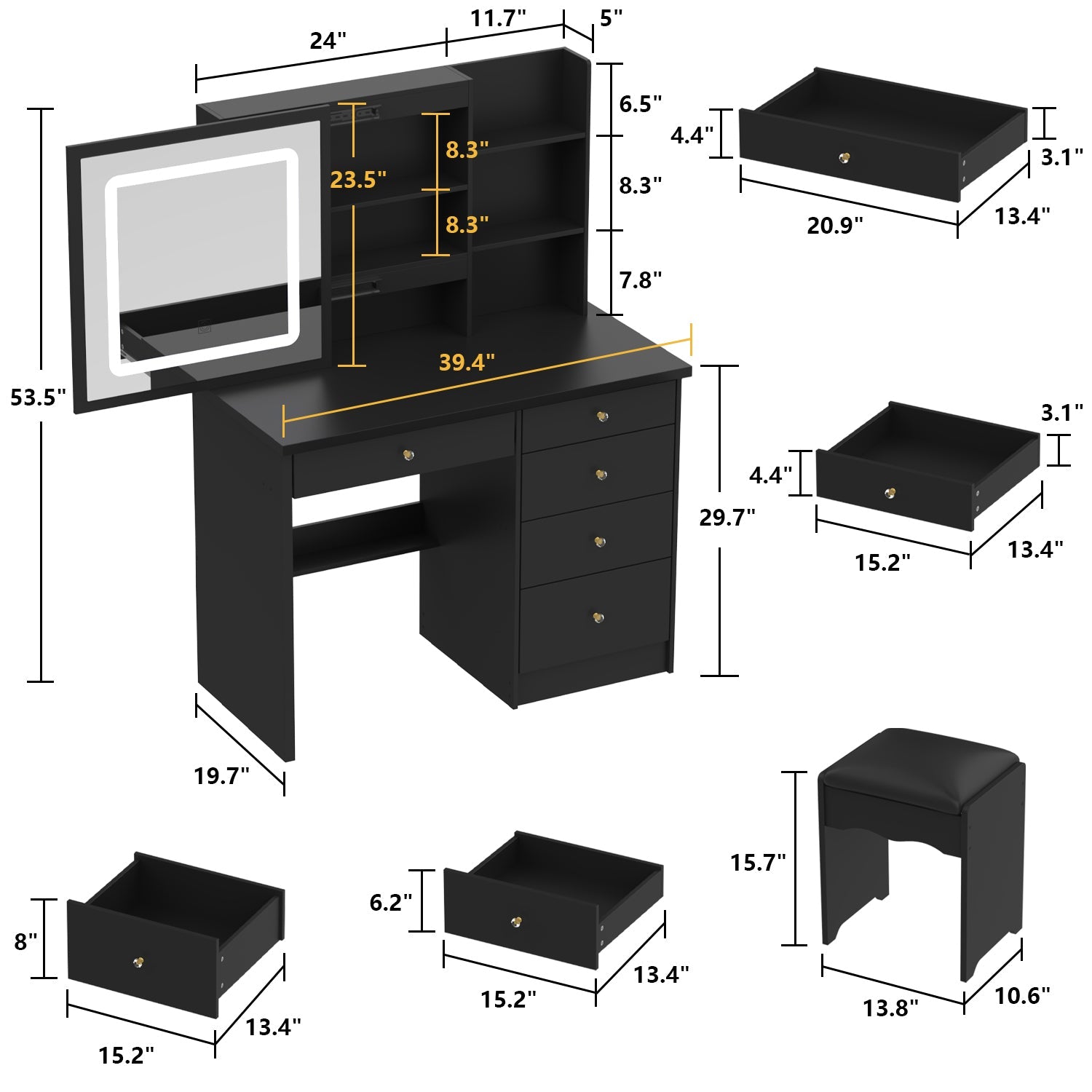 Large Vanity Set Makeup Vanity Dressing Table with Sliding Lighted Mirror, 5 Drawers & Shelves, Dresser Desk and Cushioned Stool Set