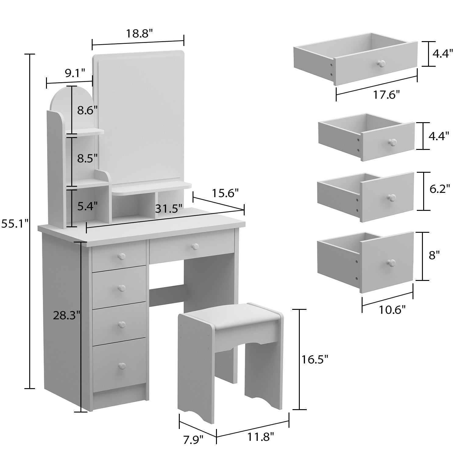 Vanity Set With Stool, Mirror, LED Light and 3-Tier Storage Shelves & 5-Drawer