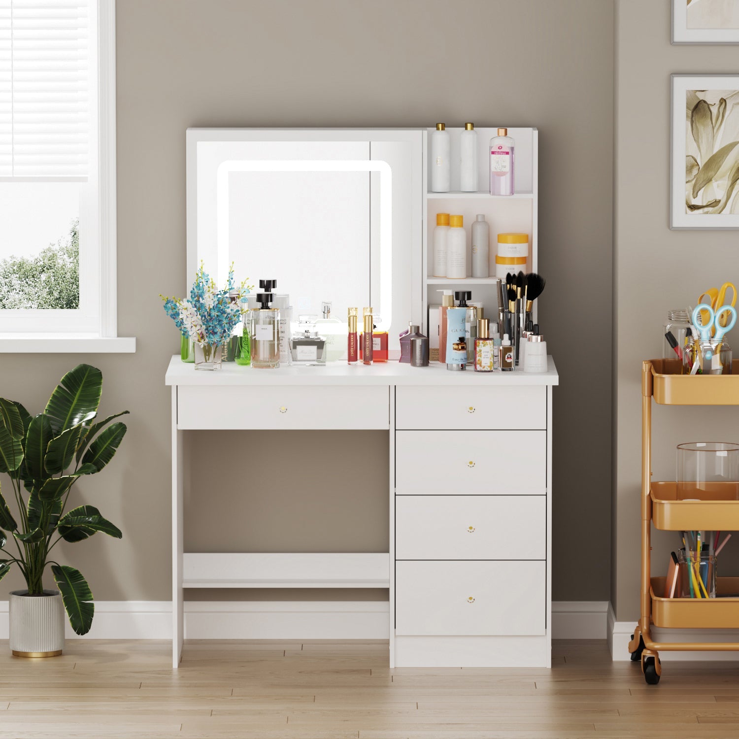 Large Vanity Set Makeup Vanity Dressing Table with Sliding Lighted Mirror 5 Drawers & Shelves