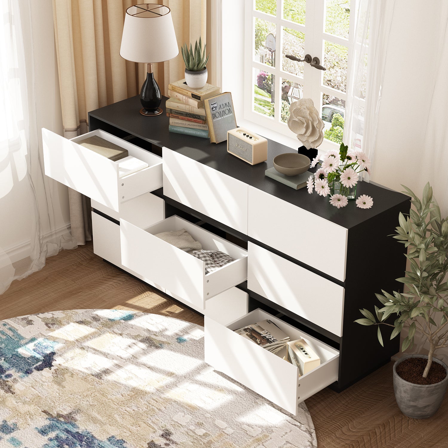 Modern 9-Drawer Double Dresser with Wide Drawers and Metal Handles for Bedroom or Living Room