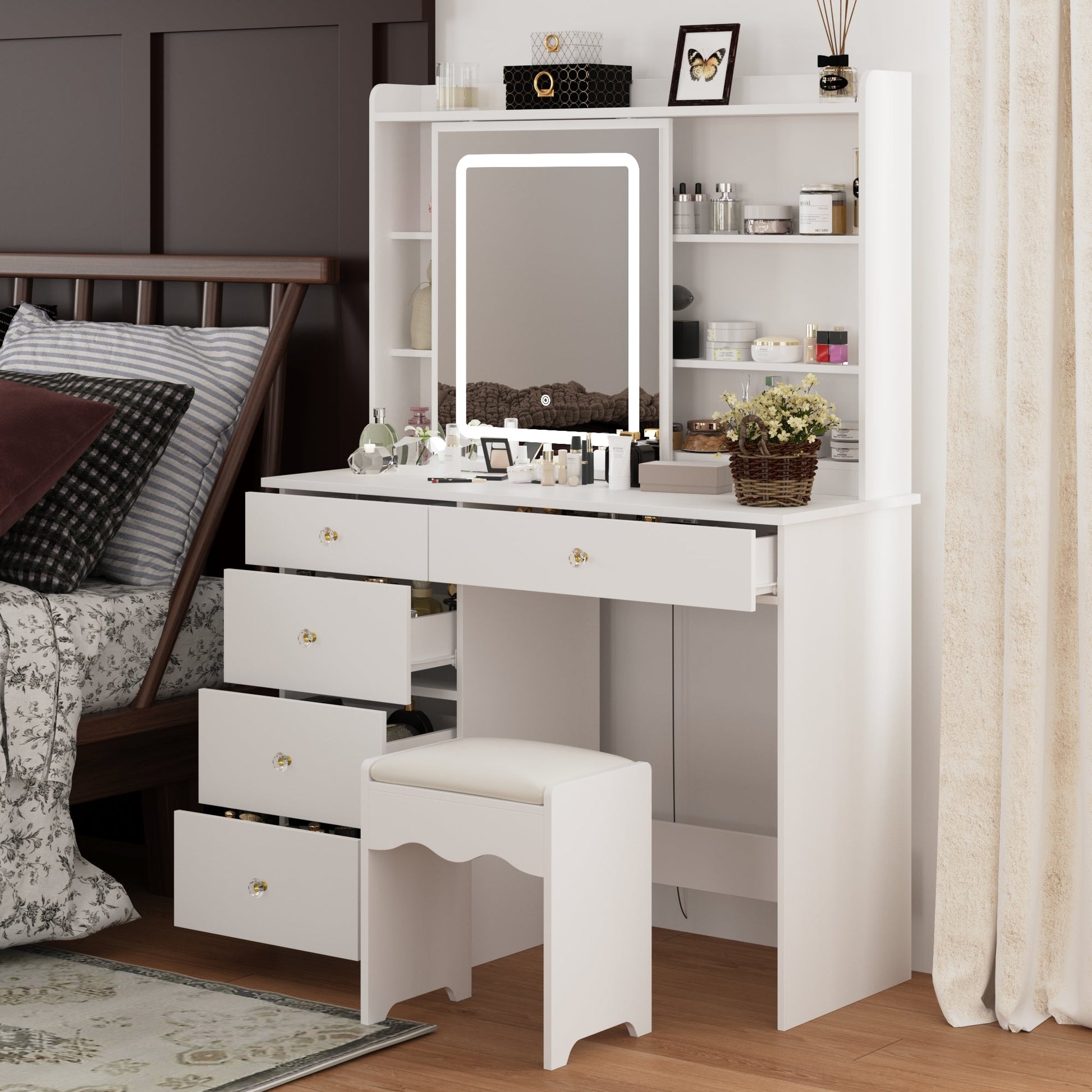 White Vanity Set With 3 Color Touch Screen Dimming Mirror