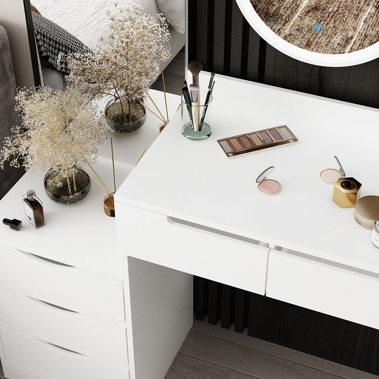 Large Vanity Set Dressing Table Makeup Vanity with Round LED Mirror, Square Mirror, 6 Drawers & Shelves, Dresser Desk, Padded Stool Set
