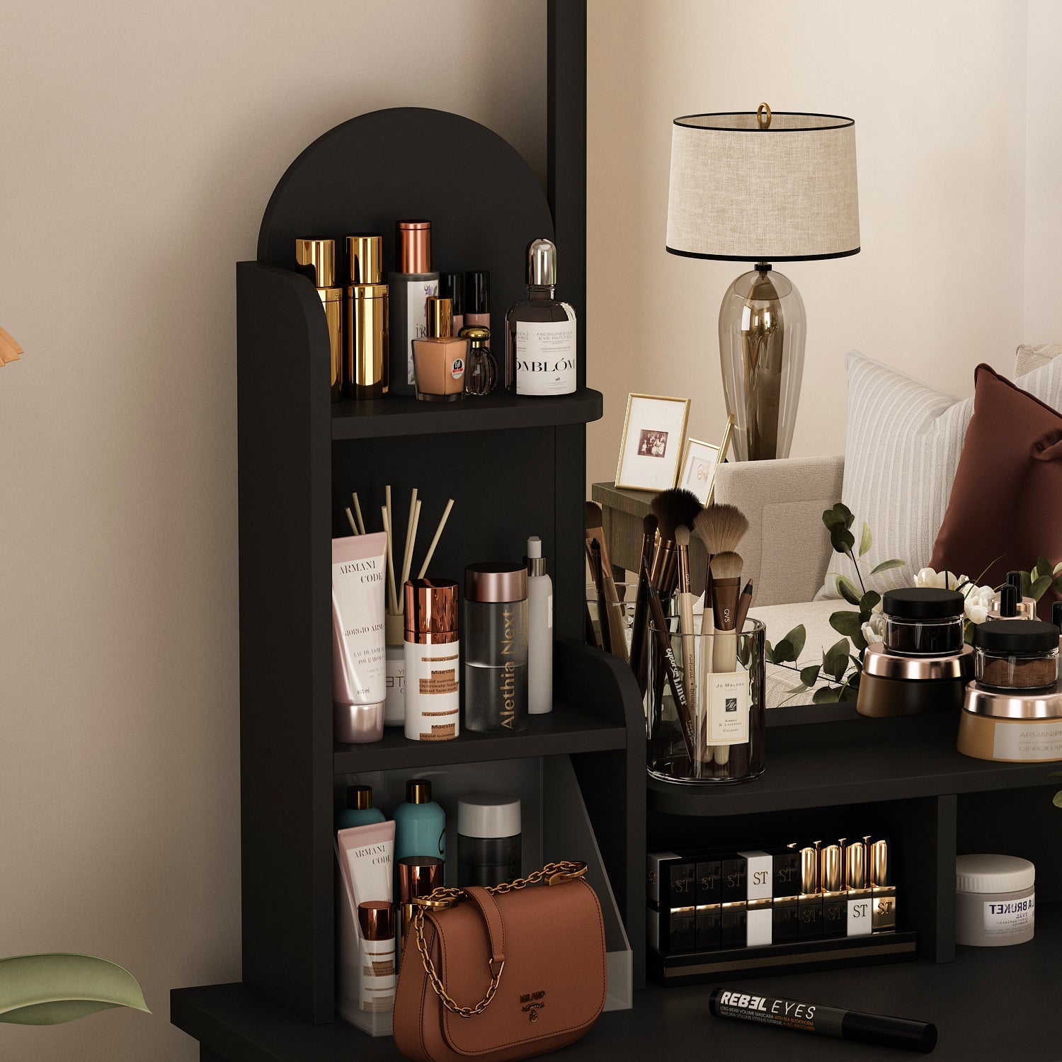 Vanity Set With Stool, Mirror, LED Light and 3-Tier Storage Shelves & 5-Drawer