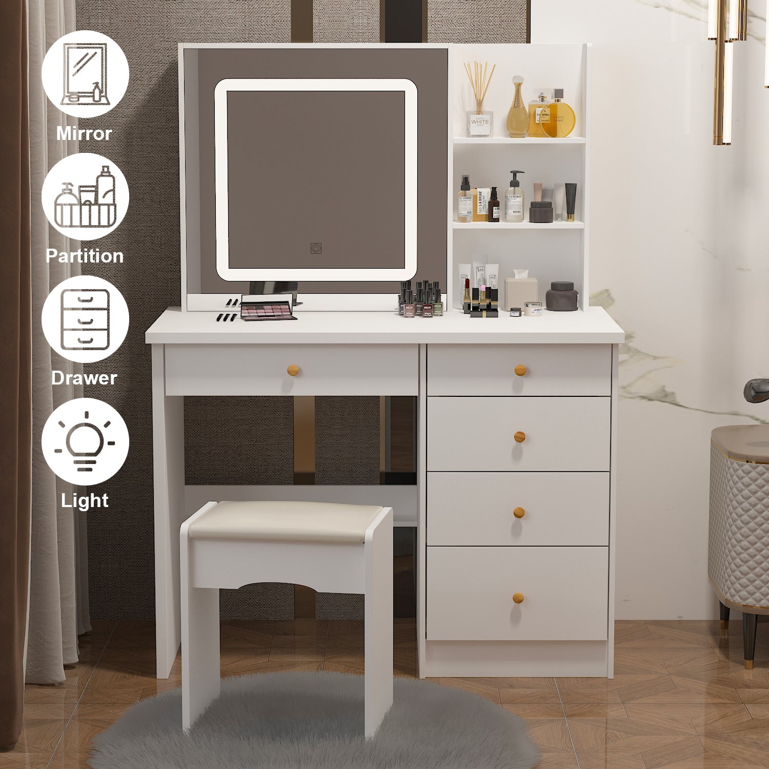 Large Vanity Set Makeup Vanity Dressing Table with Sliding Lighted Mirror 5 Drawers & Shelves