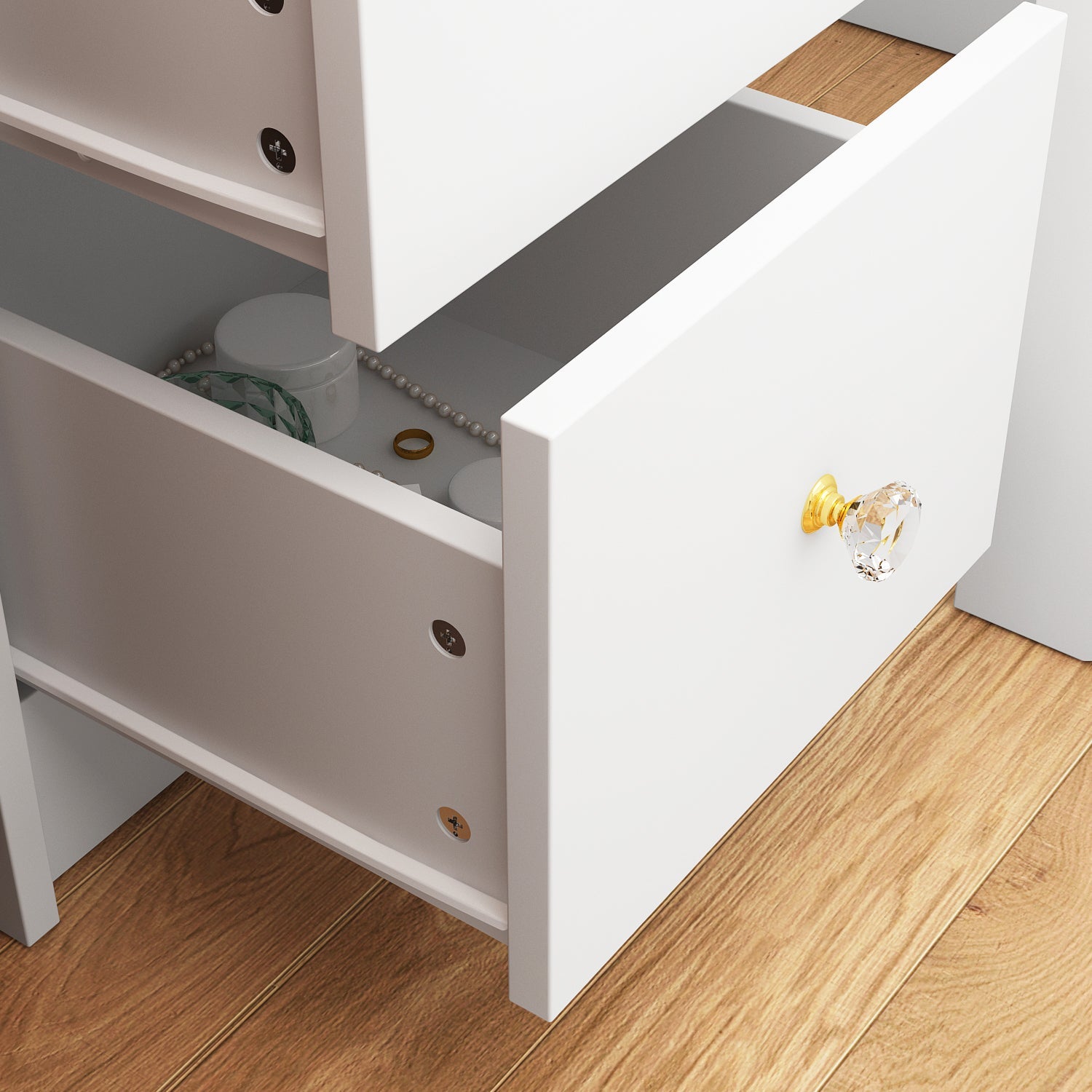 Vanity Set With Stool, Mirror, LED Light and 3-Tier Storage Shelves & 5-Drawer