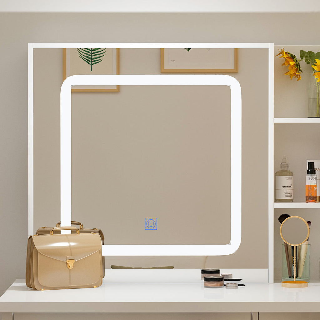 Large Vanity Set Makeup Vanity Dressing Table with Sliding Lighted Mirror, 5 Drawers & Shelves, Dresser Desk and Cushioned Stool Set