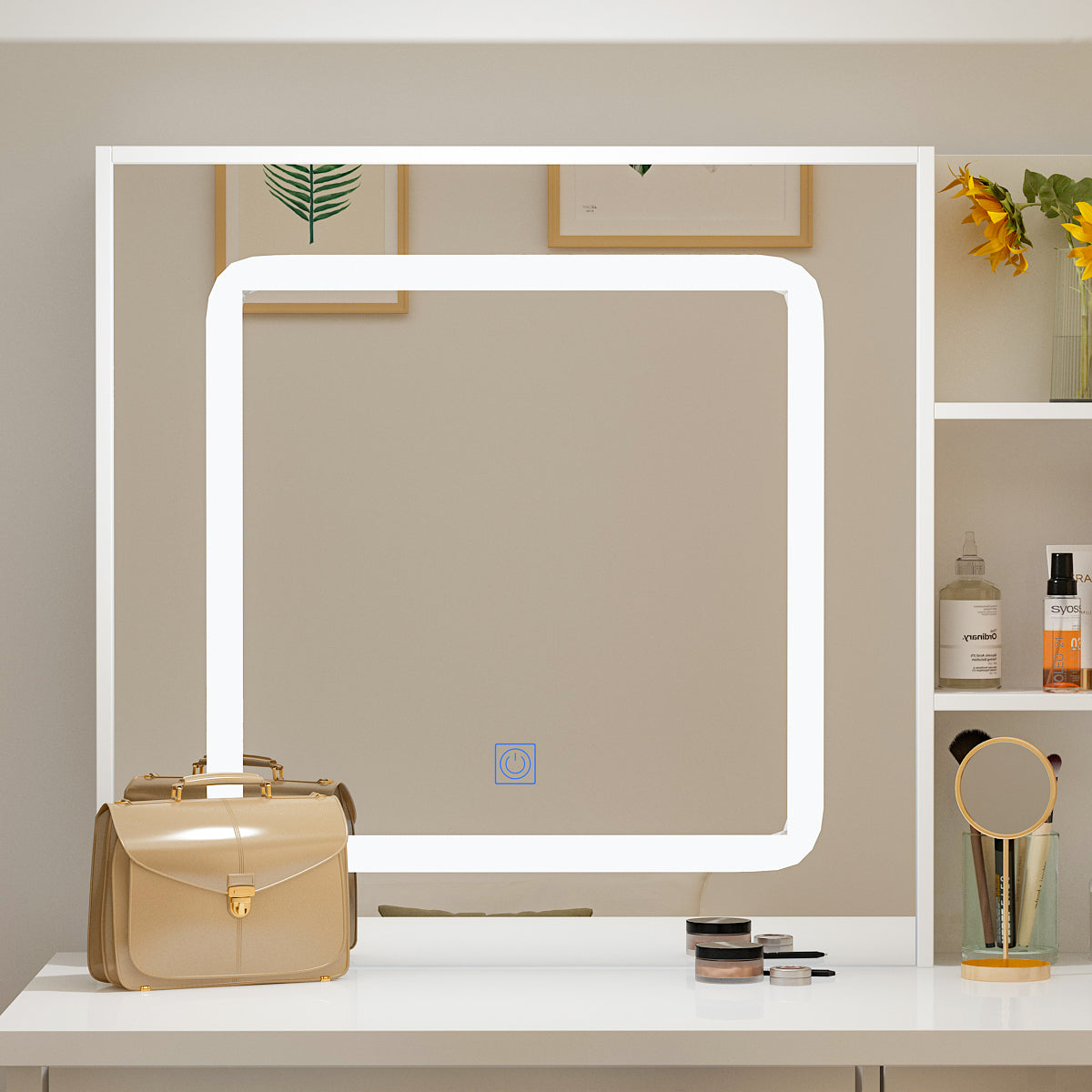 Large Vanity Set Makeup Vanity Dressing Table with Sliding Lighted Mirror, 5 Drawers & Shelves, Dresser Desk and Cushioned Stool Set