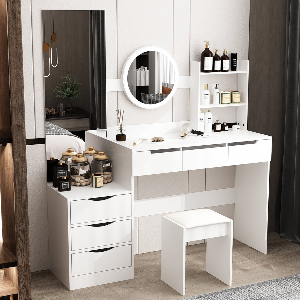 Large Vanity Set Dressing Table Makeup Vanity with Round LED Mirror, Square Mirror, 6 Drawers & Shelves, Dresser Desk, Padded Stool Set