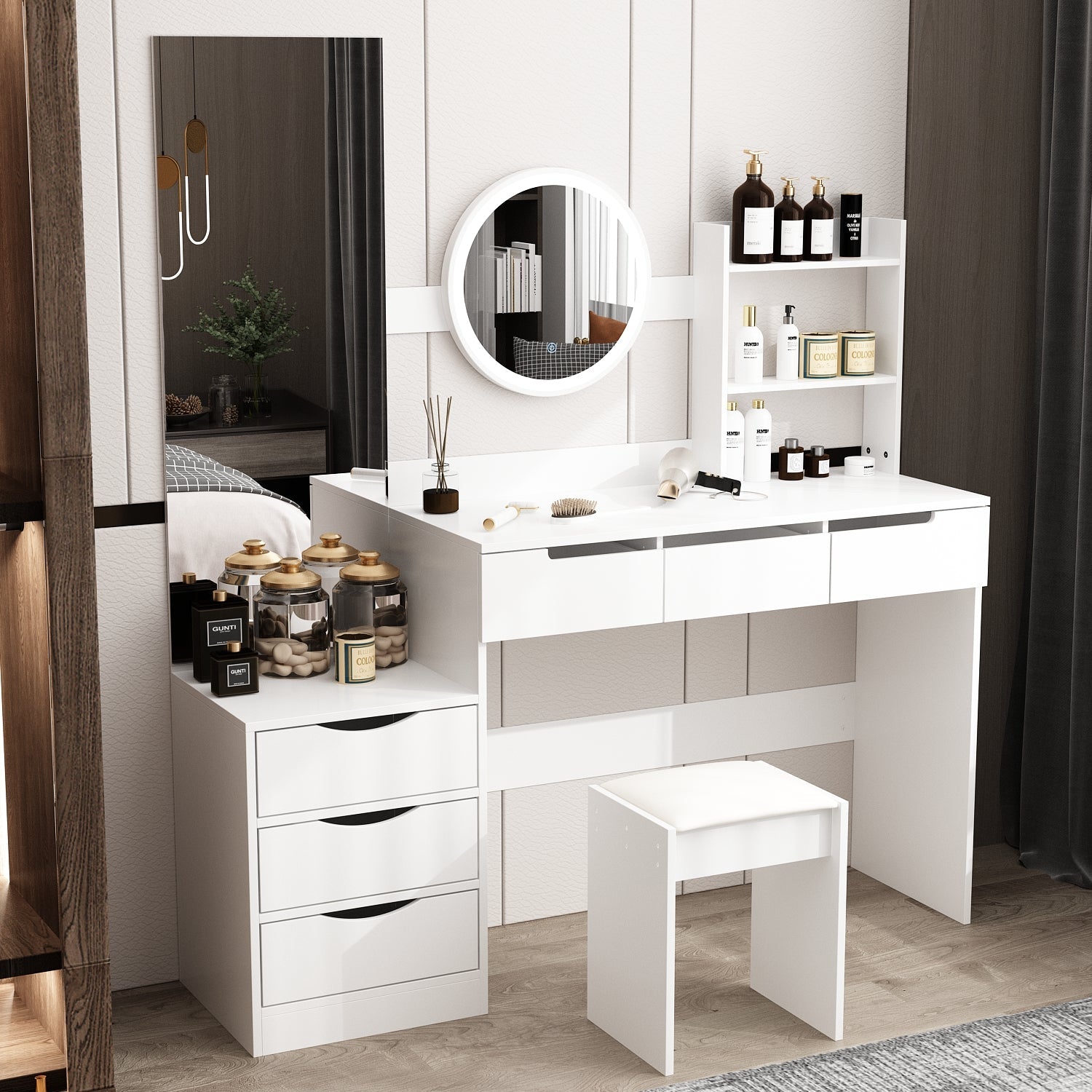 Large Vanity Set Dressing Table Makeup Vanity with Round LED Mirror, Square Mirror, 6 Drawers & Shelves, Dresser Desk, Padded Stool Set