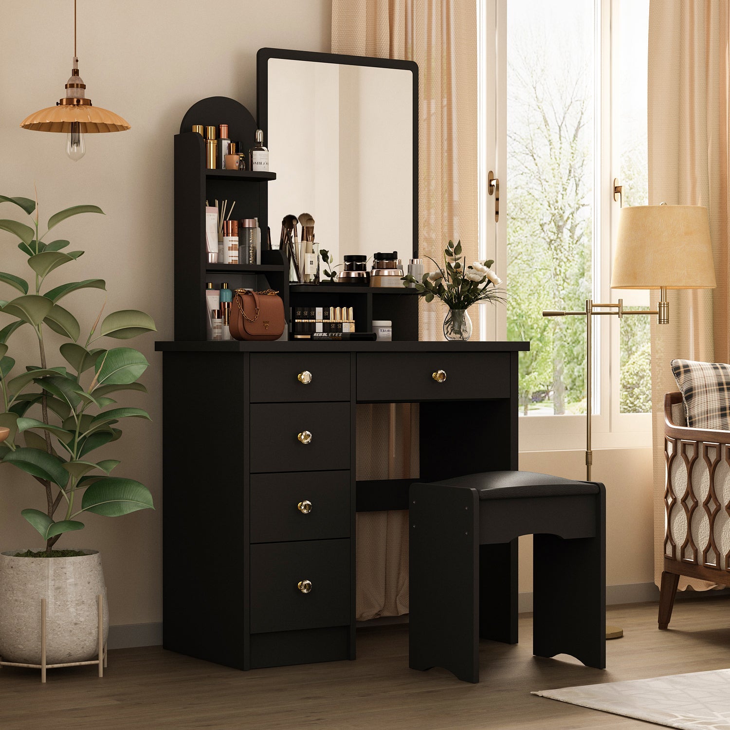 Vanity Set With Stool, Mirror, LED Light and 3-Tier Storage Shelves & 5-Drawer