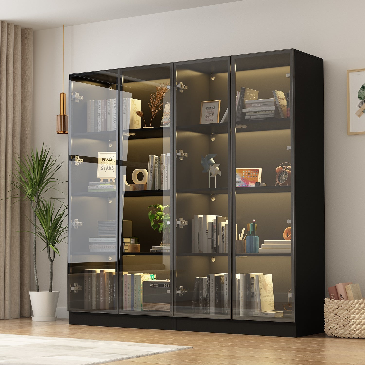 Display Cabinet Bookcase Stand Trophy Showcase with Lights and Glass Doors