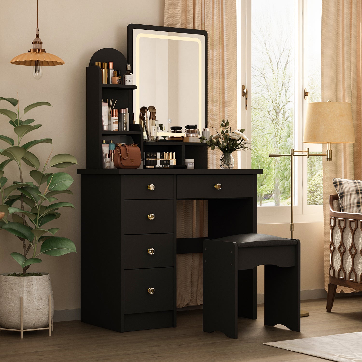 Vanity Set With Stool, Mirror, LED Light and 3-Tier Storage Shelves & 5-Drawer