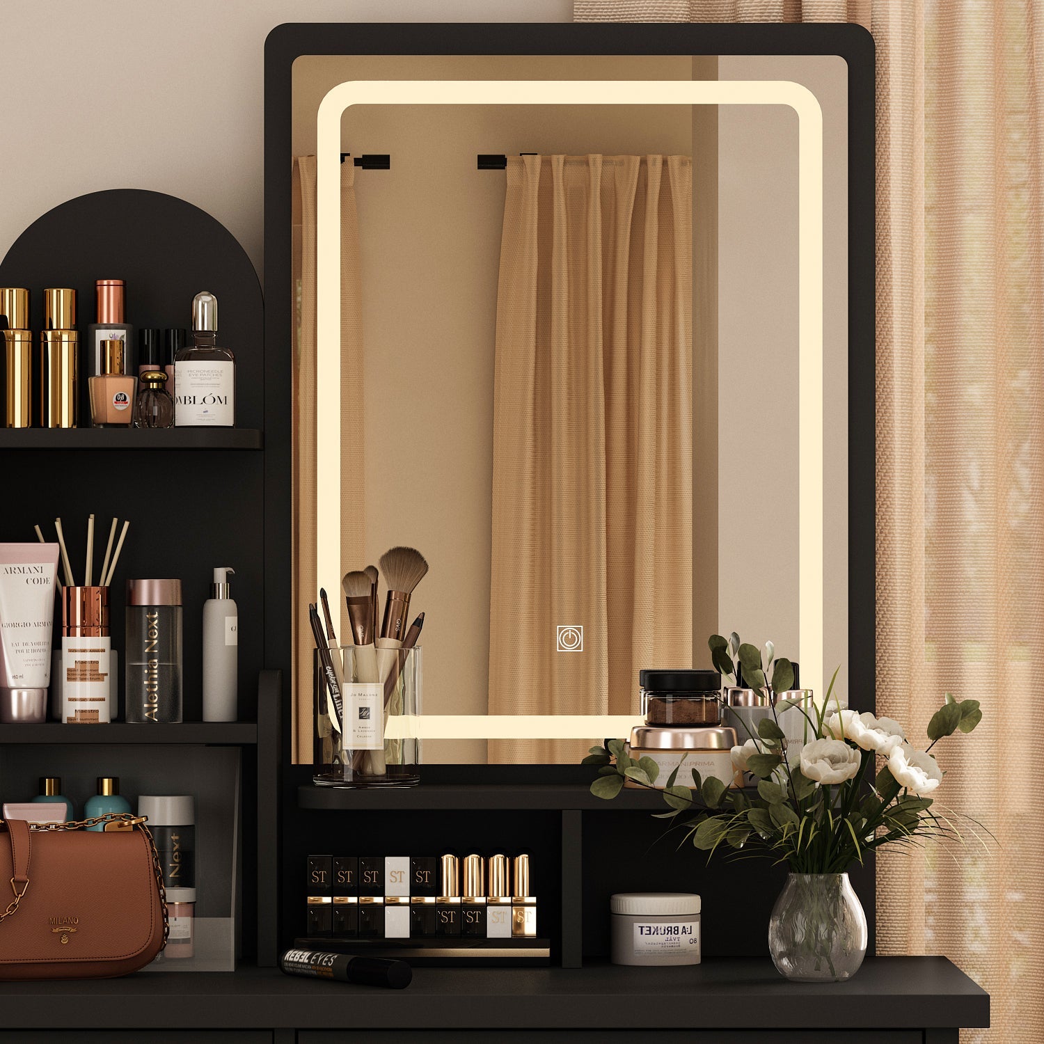 Vanity Set With Stool, Mirror, LED Light and 3-Tier Storage Shelves & 5-Drawer