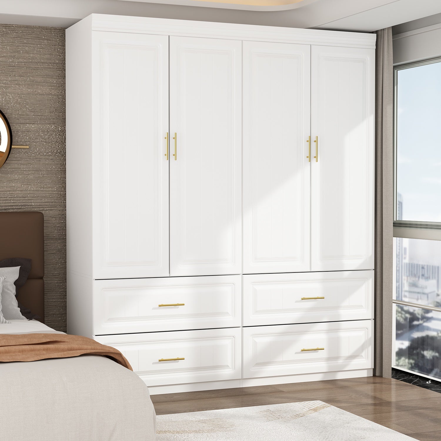 Family Cabinet Wardrobe Bedroom Armoire Home Closet 4 Doors and Drawers