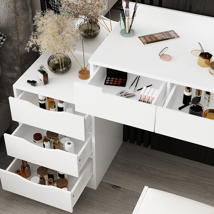 Large Vanity Set Dressing Table Makeup Vanity with Round LED Mirror, Square Mirror, 6 Drawers & Shelves, Dresser Desk, Padded Stool Set