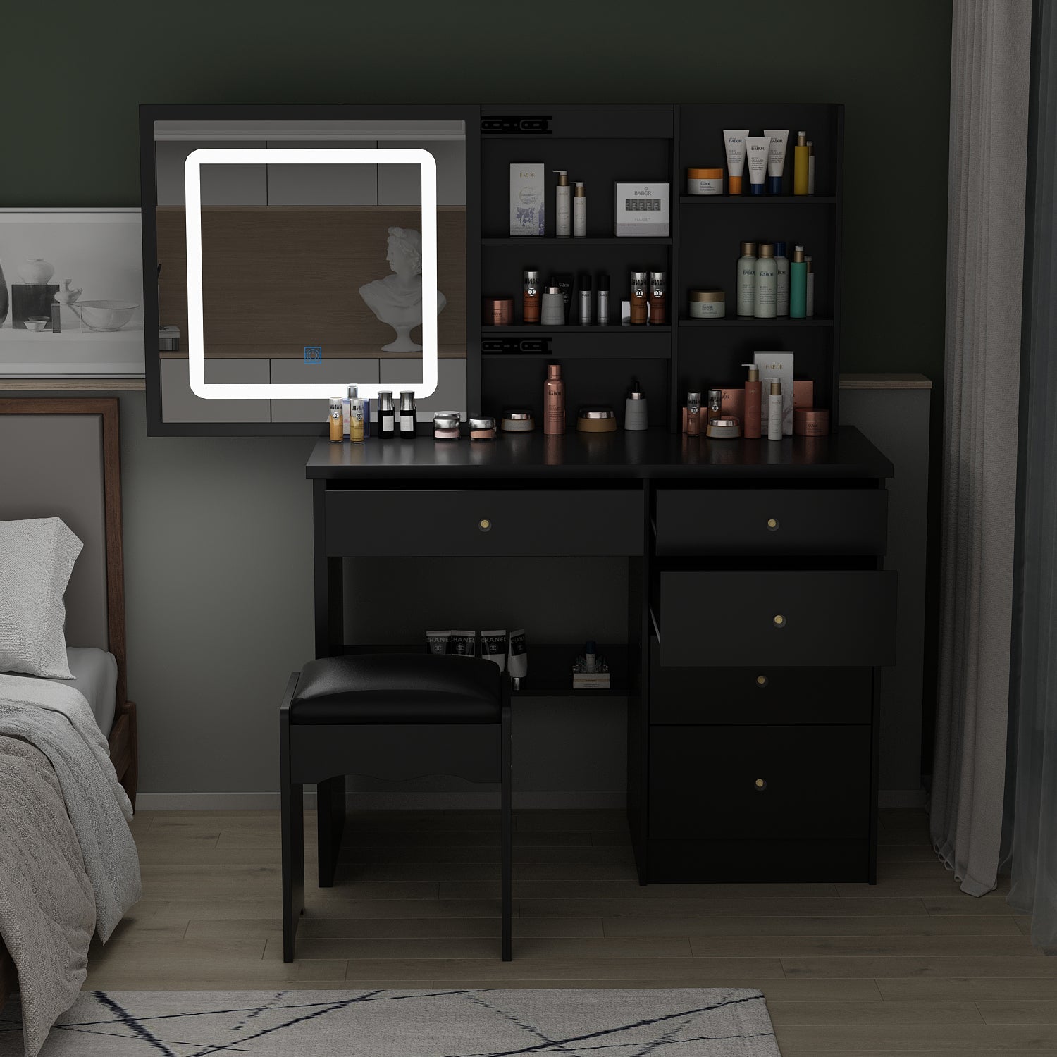 Large Vanity Set Makeup Vanity Dressing Table with Sliding Lighted Mirror 5 Drawers & Shelves