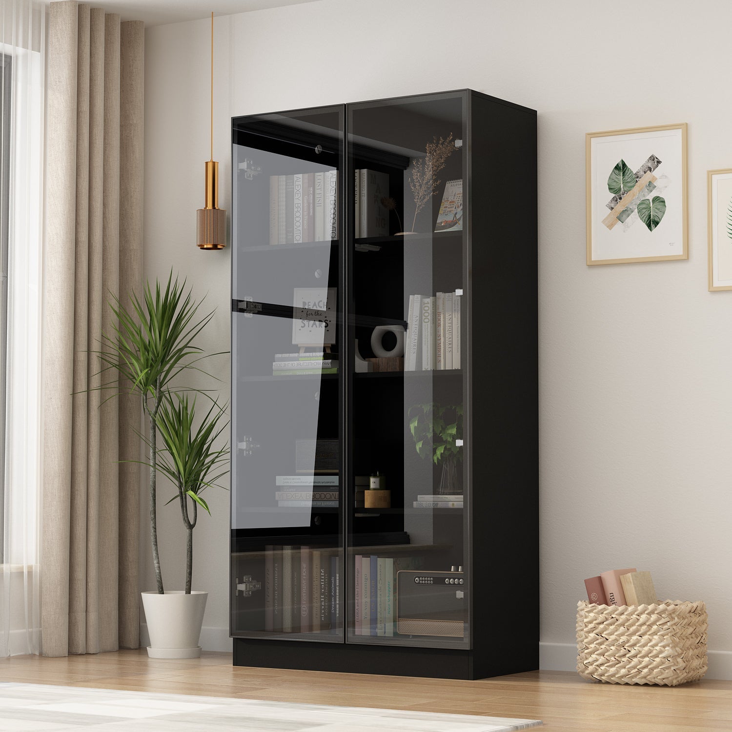 Display Cabinet Bookcase Stand Trophy Showcase with Lights and Glass Doors