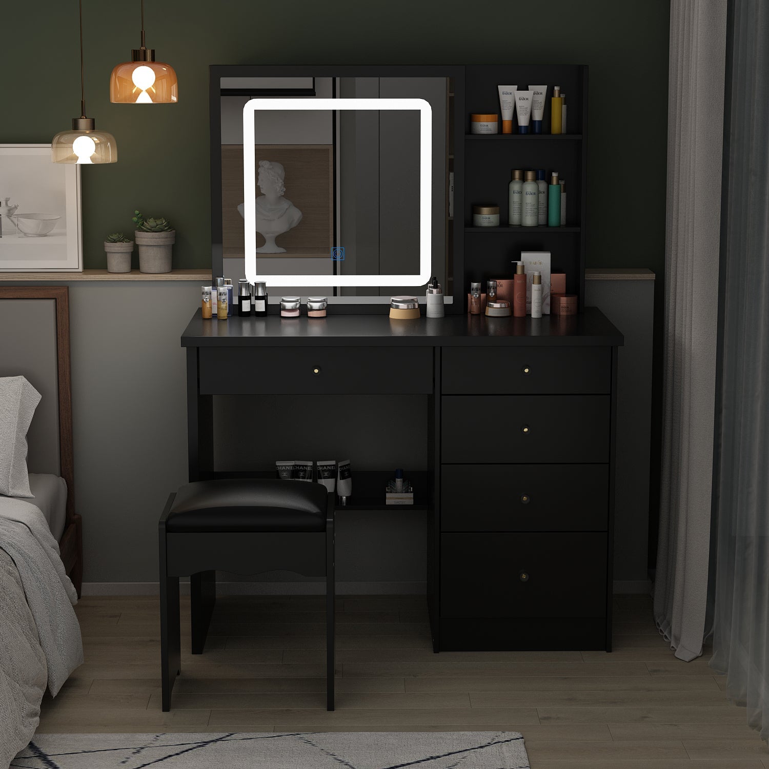 Large Vanity Set Makeup Vanity Dressing Table with Sliding Lighted Mirror 5 Drawers & Shelves