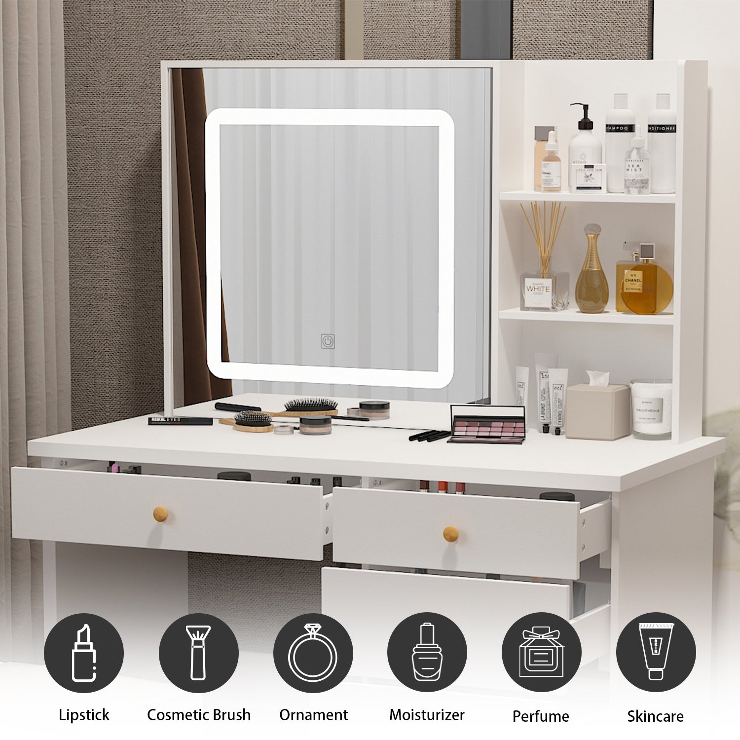 Large Vanity Set Makeup Vanity Dressing Table with Sliding Lighted Mirror 5 Drawers & Shelves