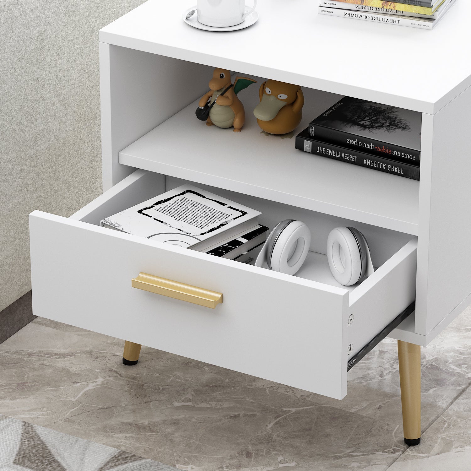 Small Bedside Cabinet 1 Open Shelf and 1 Drawer Storage Table Nightstand