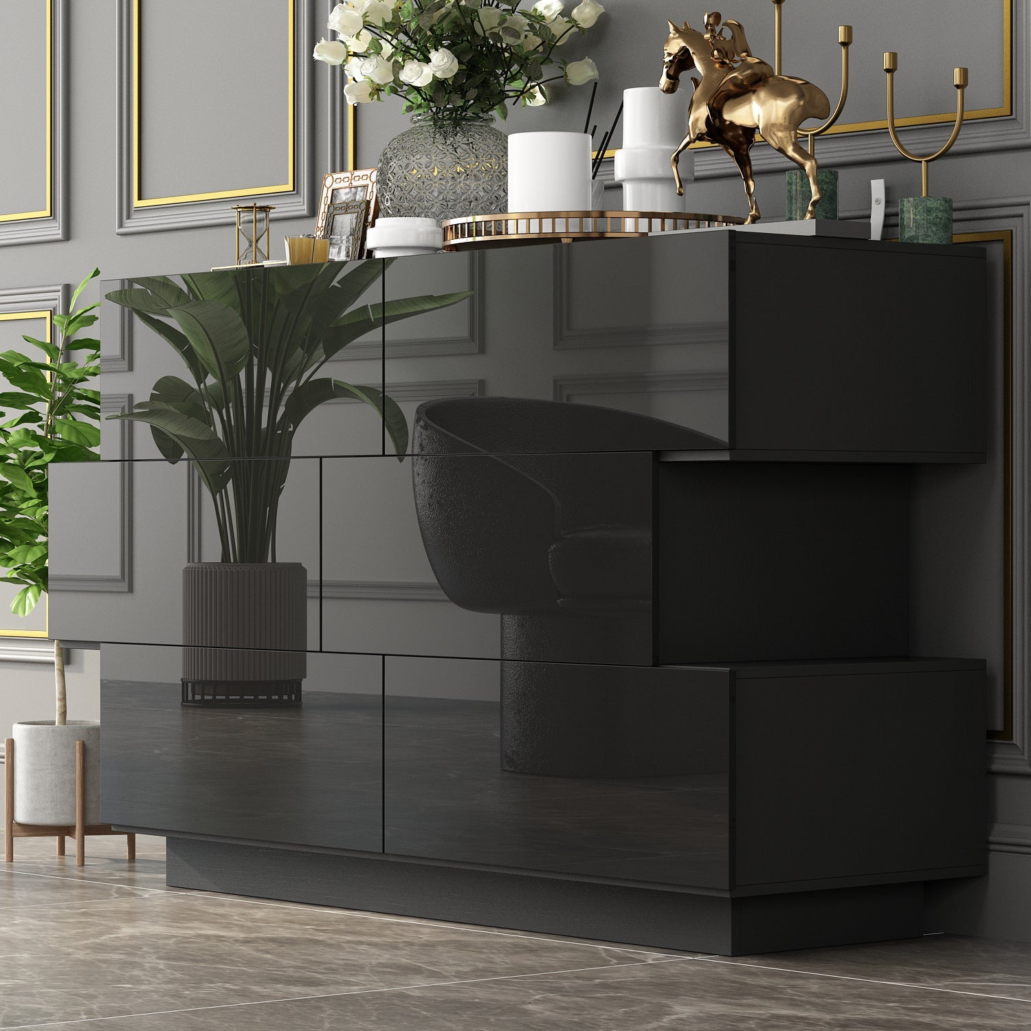 High Gloss Double Dress Chest 6-Drawer Sideboard for Living Room