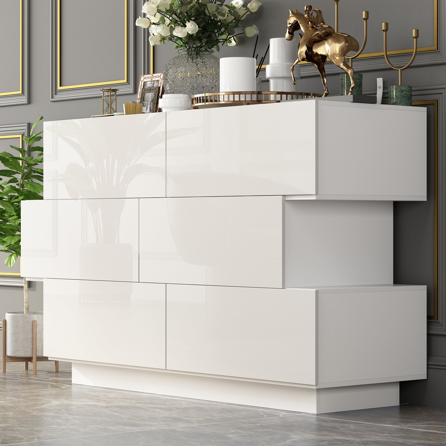High Gloss Double Dress Chest 6-Drawer Sideboard for Living Room