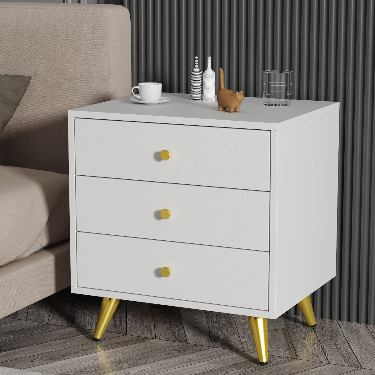 Bedroom Table 3-Drawer Dresser Nightstand with Gold-Plated Legs for Small Space