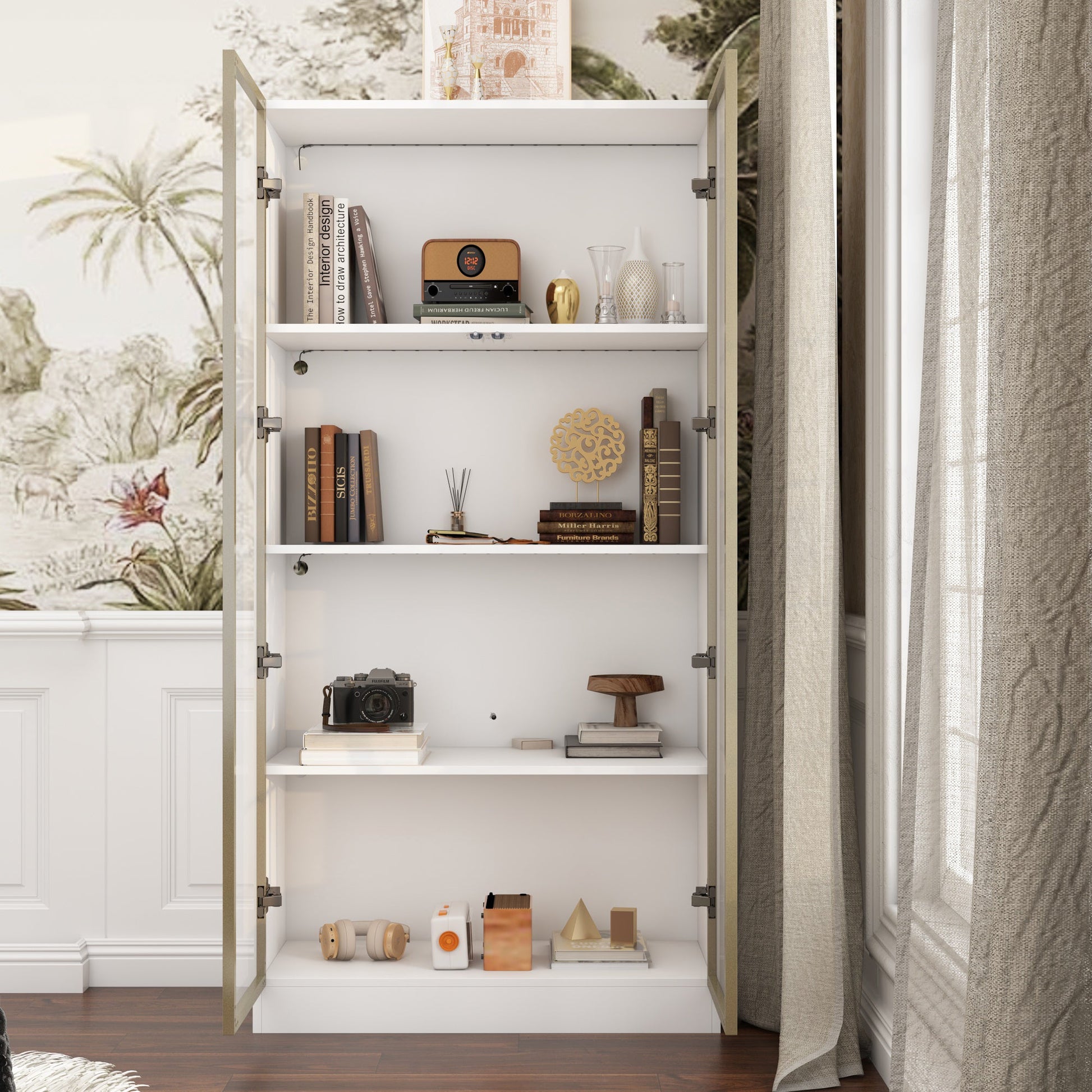 Display Cabinet Bookcase with Lights and Glass Doors