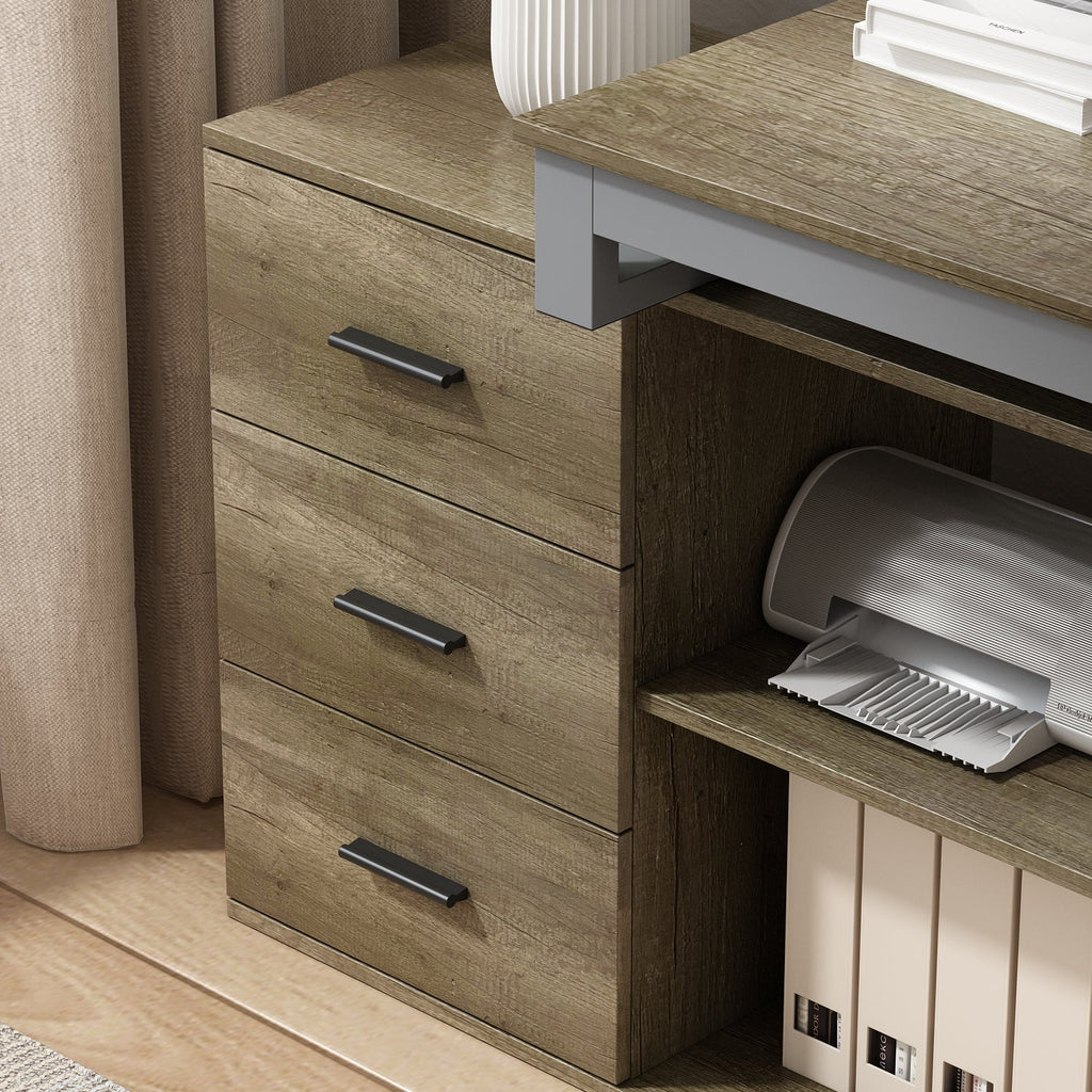 Home Office Computer Desk Corner Desk with 3 Drawers and 2 Shelves, 55 Inch Large L-Shaped Study Writing Table with Storage Cabinet